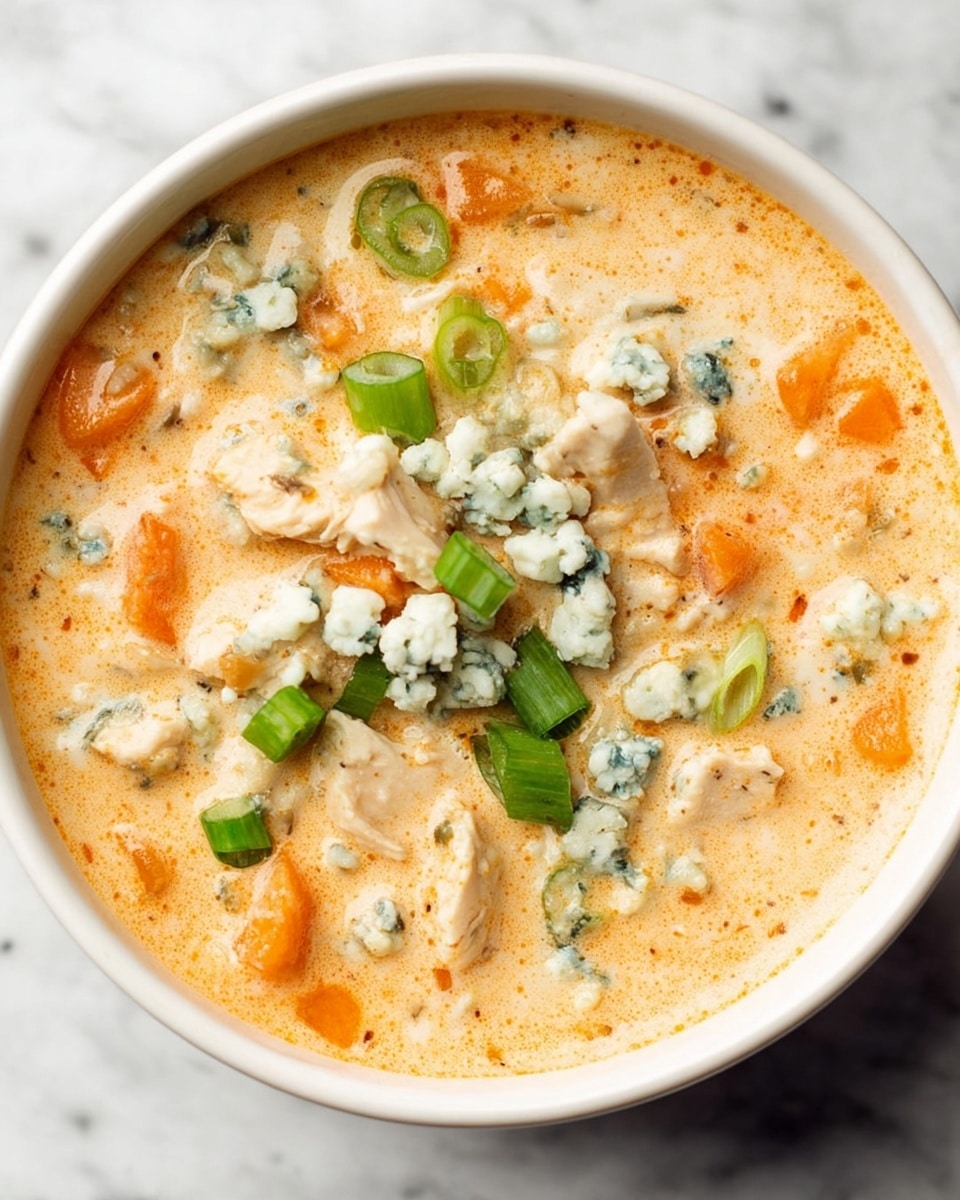 A white bowl filled with thick creamy soup that has a light orange color mixed with small pieces of orange carrots and chunks of white chicken. On top, there are crumbles of pale blue cheese and small slices of bright green scallions scattered around, adding texture and contrast. The soup appears rich with a smooth, slightly grainy surface, all placed on a white marbled texture background. photo taken with an iphone --ar 4:5 --v 7