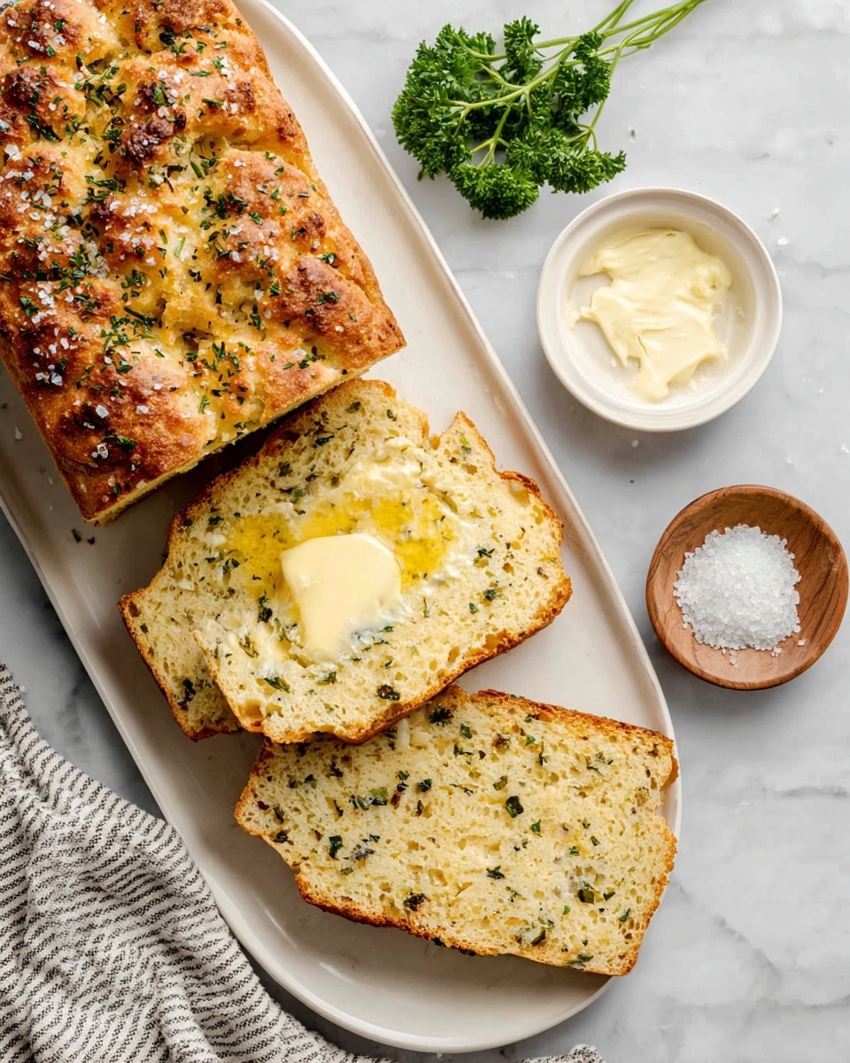 The image shows a loaf of golden-brown bread with a rough textured top sprinkled with coarse salt and small green herb pieces, placed on a white oval plate. Two slices are cut from the loaf and laid overlapping at the top of the plate; the top slice is spread with melted butter showing a creamy yellow shine, while the slice below reveals a soft, airy crumb dotted with herbs and darker bits. To the left of the plate, there is a sprig of green parsley, and above the plate, there are two small white bowls—one with smooth butter and the other with coarse salt crystals. The setting is on a white marbled surface with a striped cloth partially visible at the bottom left. Photo taken with an iphone --ar 4:5 --v 7