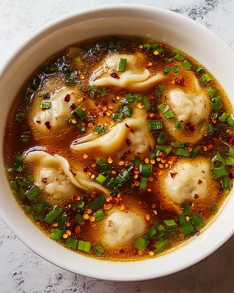 A white bowl filled with a warm brown broth containing soft, light beige dumplings floating throughout. The dumplings have a smooth, slightly wrinkled texture and are semi-translucent, showing their delicate thin wrappers. Bright green chopped scallions are scattered all over the broth, adding fresh color contrast along with small orange-red chili flakes sprinkled on the surface. The broth looks clear but rich with a glossy surface, reflecting light gently. The bowl is placed on a white marbled texture background. photo taken with an iphone --ar 4:5 --v 7
