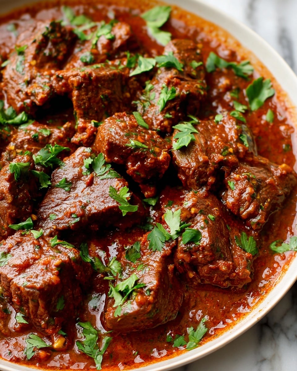 The image shows chunky pieces of brown beef stew covered in a thick reddish-brown sauce with visible bits of herbs and spices. The beef chunks are uneven in shape and size, cooked to a tender texture, and sprinkled with fresh green parsley leaves on top. The stew fills a round dish, with some sauce pooling around the meat and a few larger parsley leaves visible at the edge. The background is a white marbled texture. Photo taken with an iphone --ar 4:5 --v 7