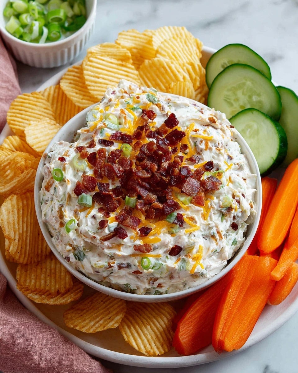 A white bowl filled with a thick mixed dip that is creamy white with visible green onion pieces and small bits of bright orange shredded cheese, topped with crispy dark red bacon bits. The bowl sits on a white plate surrounded by light yellow ridged potato chips on the bottom left and bright orange carrot sticks on the bottom right, with several slices of fresh dark green-edged cucumber placed vertically on the upper right side of the plate. The background is a white marbled surface, with a small white bowl of sliced green onions on the left and a pinkish-orange cloth partially visible in the bottom left corner. photo taken with an iphone --ar 4:5 --v 7