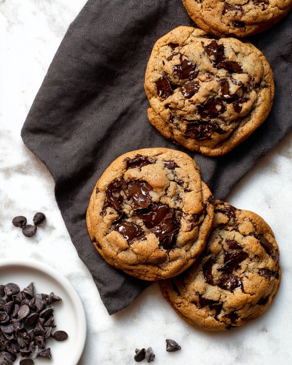The image shows four thick, golden-brown chocolate chip cookies scattered on a white marbled surface, each cookie full of dark, glossy chocolate chunks throughout, creating a textured look. A dark cloth sits partially under one cookie near the center, adding contrast, while a white plate at the bottom left corner holds additional chocolate chips that are small and shiny. The cookies look soft with slightly crispy edges and a bit lumpy on top, highlighting the rich chocolate pieces. photo taken with an iphone --ar 4:5 --v 7