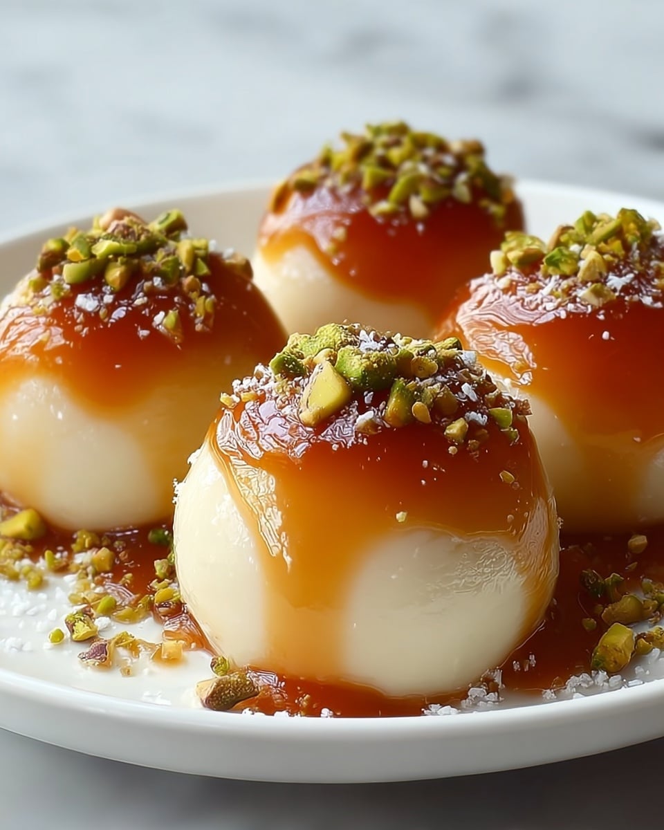 The image shows four round creamy white balls placed closely on a white plate, each topped with a glossy amber caramel sauce that smoothly drips halfway down the sides. The caramel layer has a rich, smooth texture and is sprinkled with finely chopped green pistachios and a few white powdery specks, adding contrast and a crunchy look. The white plate rests on a white marbled surface, creating a clean fresh setting. Photo taken with an iphone --ar 4:5 --v 7