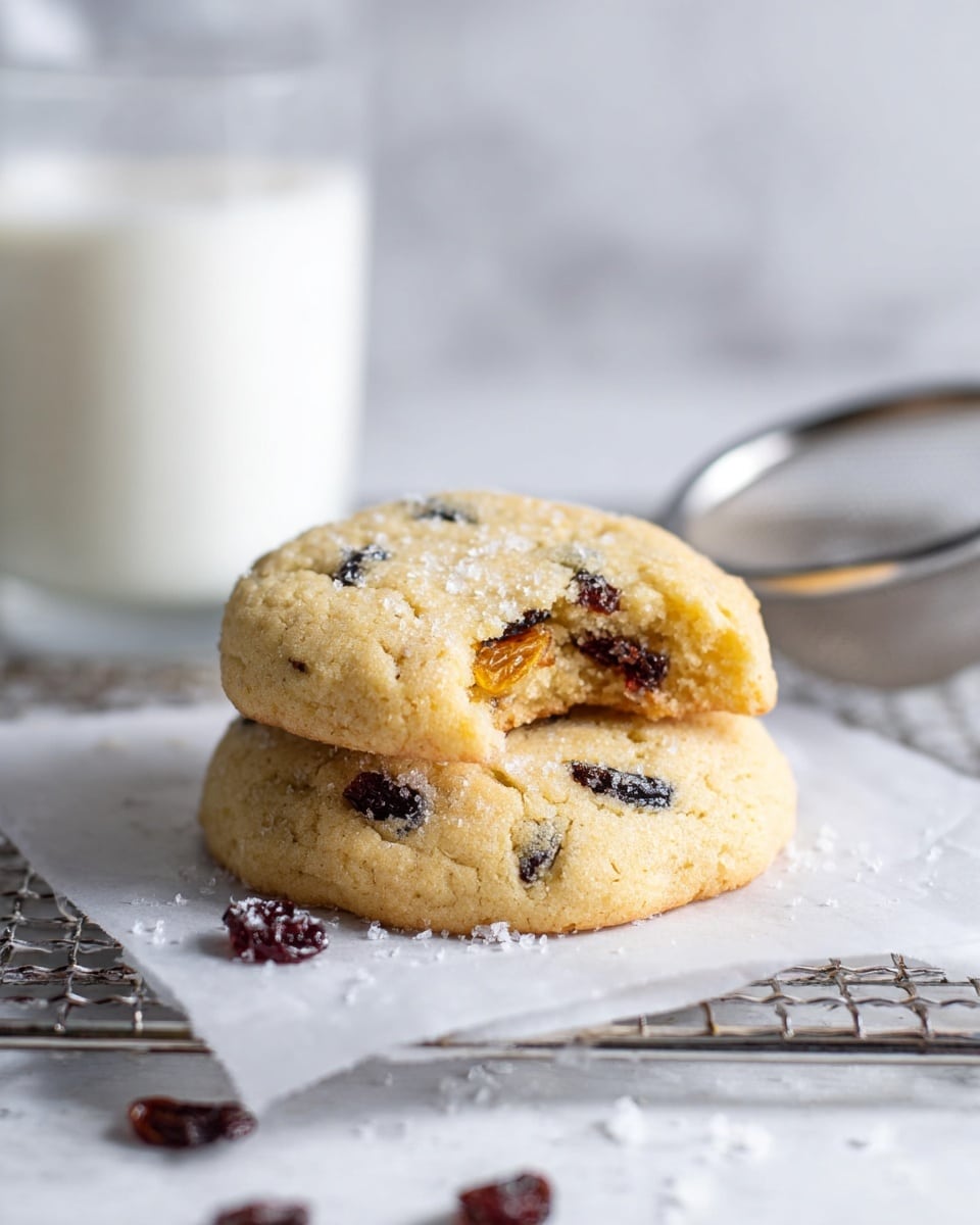 Two soft, thick cookies are stacked on top of each other on a piece of white parchment paper over a cooling rack. The top cookie has a small bite taken out of it, showing a chewy, golden interior with bits of dark dried fruit inside. The cookie surfaces are pale golden with a slightly rough texture from sugar crystals sprinkled on top. Some dark dried fruit pieces and sugar crystals are scattered around the cookies. The background is a white marbled texture with a blurred metal sifter and a glass of milk out of focus. Photo taken with an iphone --ar 4:5 --v 7