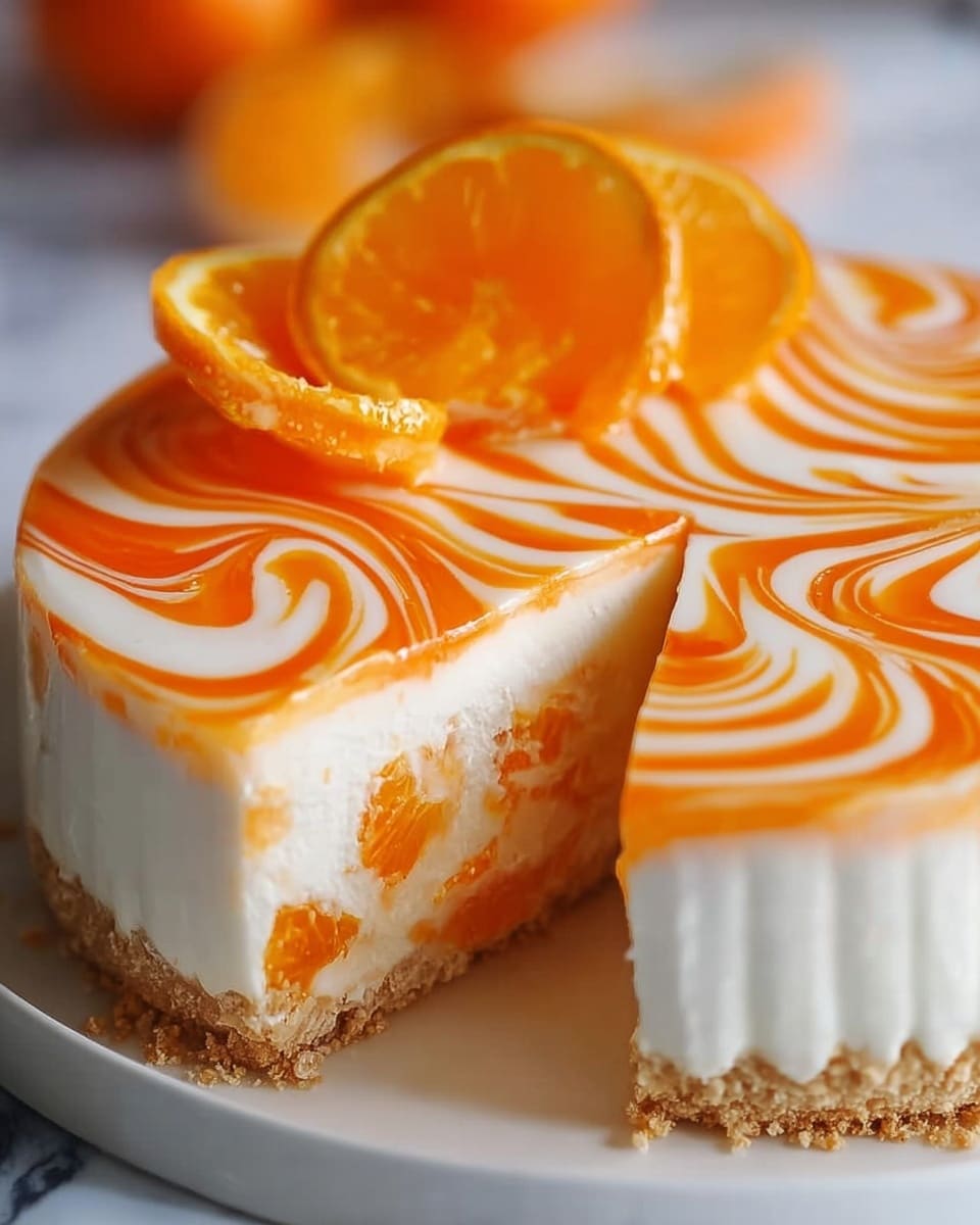 A close-up image of a round cake featuring three main layers, starting with a crumbly light brown base at the bottom. Above the base is a thick white cream layer embedded with pieces of bright orange fruit, likely mandarin slices. The top layer is smooth white cream covered with swirled bright orange glaze creating a wavy pattern across the surface. Two thin circular slices of orange fruit are placed upright for decoration on top. The cake is displayed on a white plate over a white marbled surface. photo taken with an iphone --ar 4:5 --v 7