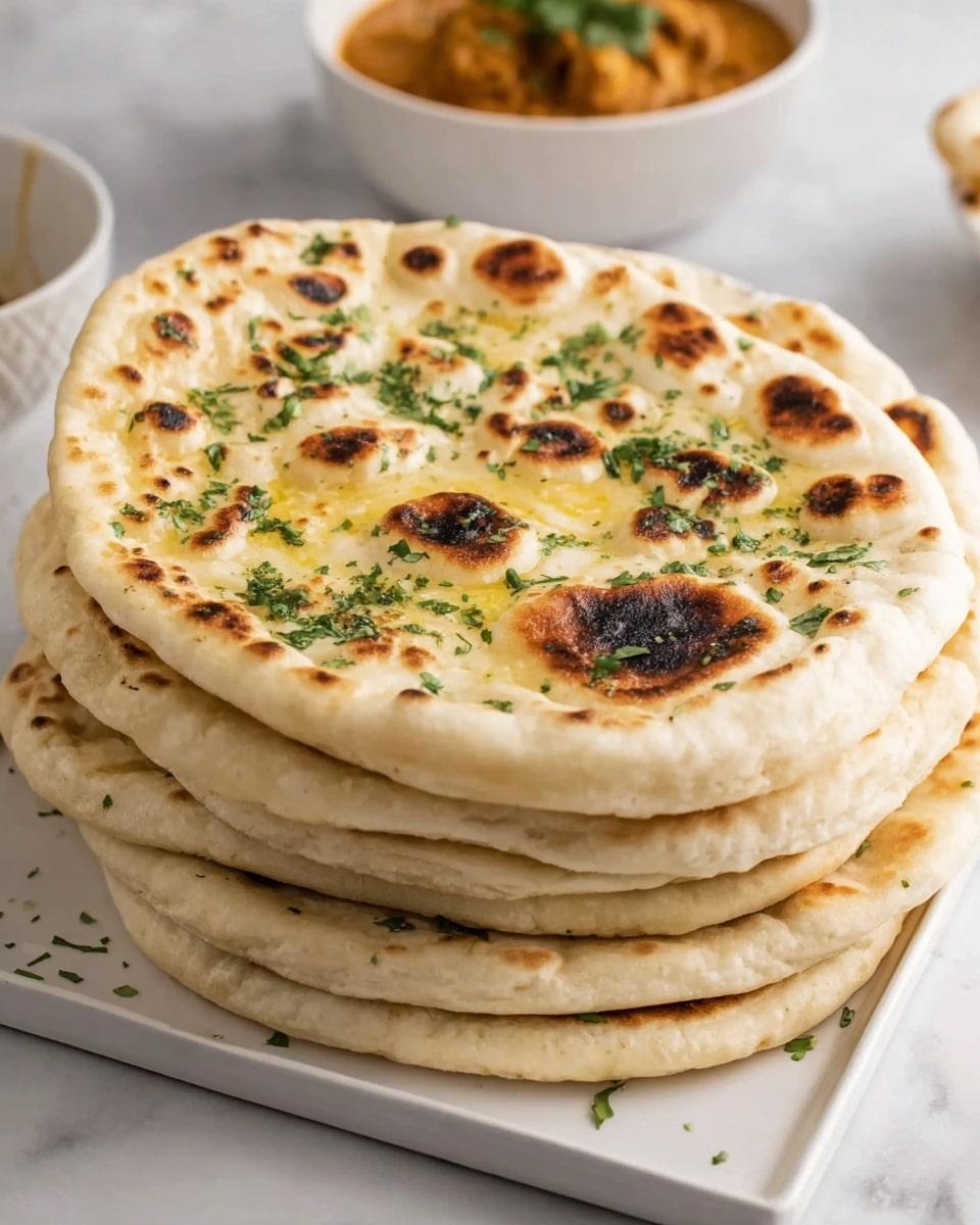 A stack of six round naan breads with soft, golden-brown spots on the surface, each one fluffy with lightly charred bubbles. The top naan is brushed with melted butter and sprinkled with fresh green herbs scattered unevenly. The breads have a light, pale beige color with a slightly crispy edge. They sit on a white rectangular plate placed on a white marbled textured surface. In the background, there is a bowl with Indian curry. Photo taken with an iphone --ar 4:5 --v 7