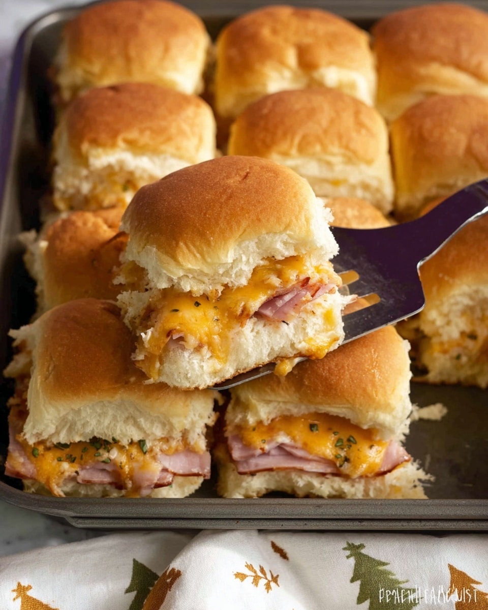 A group of nine soft, golden-brown sandwich sliders are arranged close together in a baking tray. Each slider has three visible layers: the top layer is a fluffy, smooth bun with a light brown color. The middle layer is filled with melted, slightly orange cheese mixed with bits of green herbs, and a layer of thin, pink ham slices beneath it. The bottom layer is the lighter-colored bottom bun, soft and slightly compressed. A spatula with a dark handle is lifting one of the sliders gently from the tray. The background is a white marbled surface with a white towel featuring small tree patterns in muted colors near the bottom edge. Photo taken with an iphone --ar 4:5 --v 7