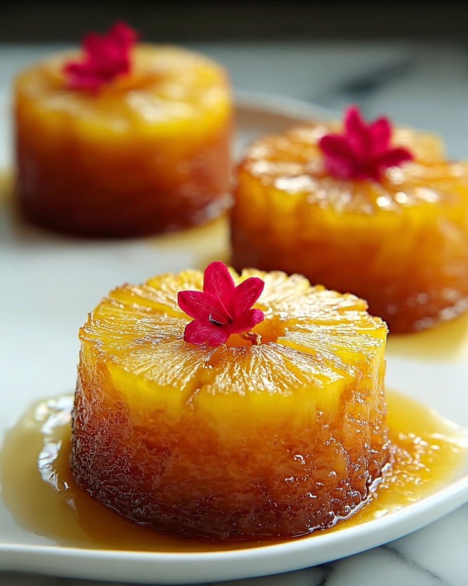 Three small cylindrical pineapple upside-down cakes are placed on a white plate set on a white marbled surface. Each cake has two main layers: a golden yellow pineapple slice on top with visible juicy segments, and a darker caramelized brown cake base that looks moist and sticky. The edges of the pineapple slice glisten with syrup that has slightly spilled onto the plate. On top of each pineapple slice sits a small red edible flower with delicate petals adding a pop of color. The focus is on the closest cake, showing detailed texture and shine, while the other two are softly blurred in the background. Photo taken with an iphone --ar 4:5 --v 7