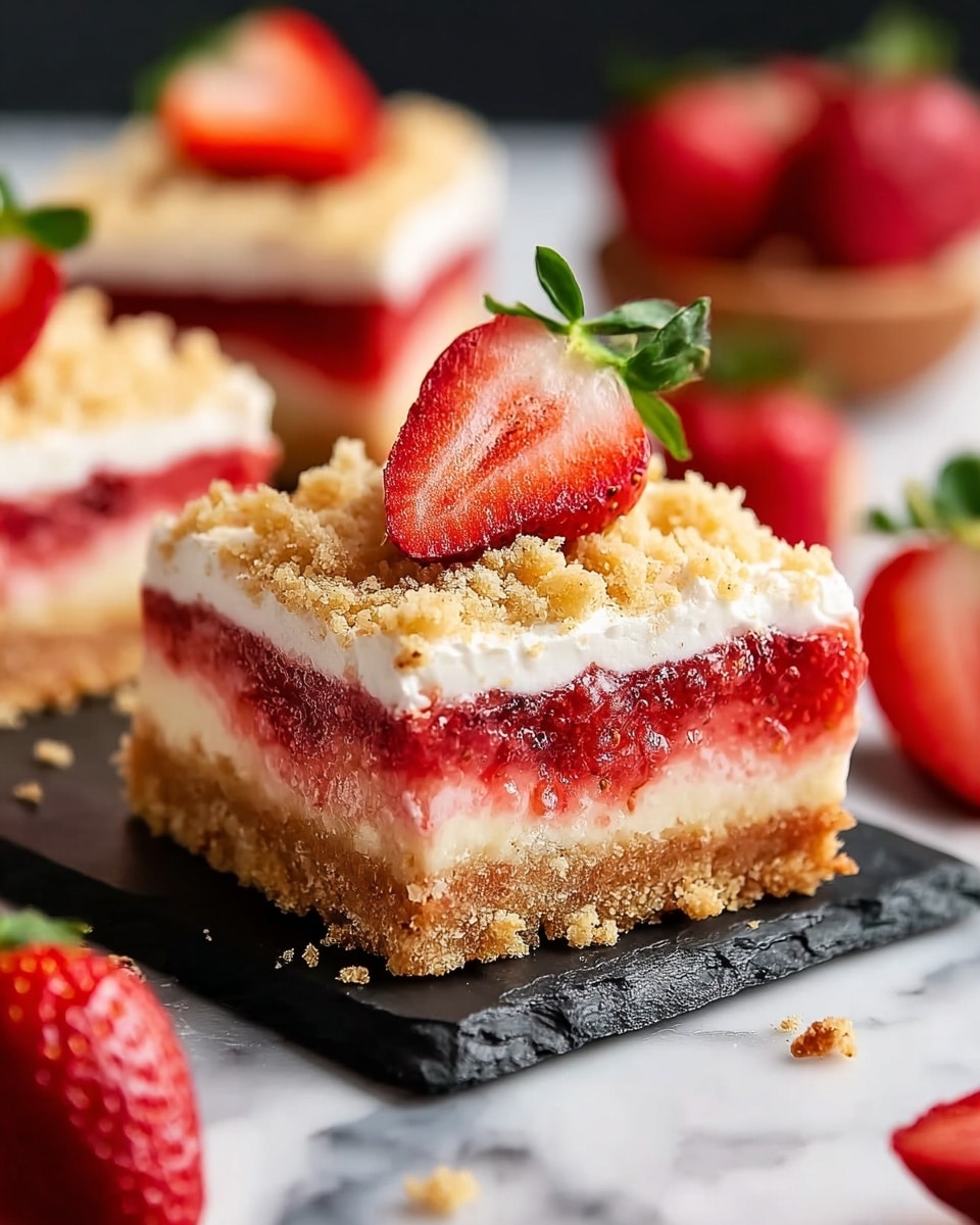 A square dessert bar with four visible layers sits on a black slate board over a white marbled surface. The bottom layer is a thick, crumbly golden-brown crust. Above this is a bright red strawberry filling layer, smooth and glossy. On top of that lies a thick, fluffy white cream layer, soft in texture. The fourth layer consists of crumbly golden streusel sprinkled on top. Two fresh strawberries garnish the top: one whole and large, with green leaves, and one smaller, sliced in half, showing its red interior. More strawberries and similar dessert bars are blurred in the background. Photo taken with an iphone --ar 4:5 --v 7