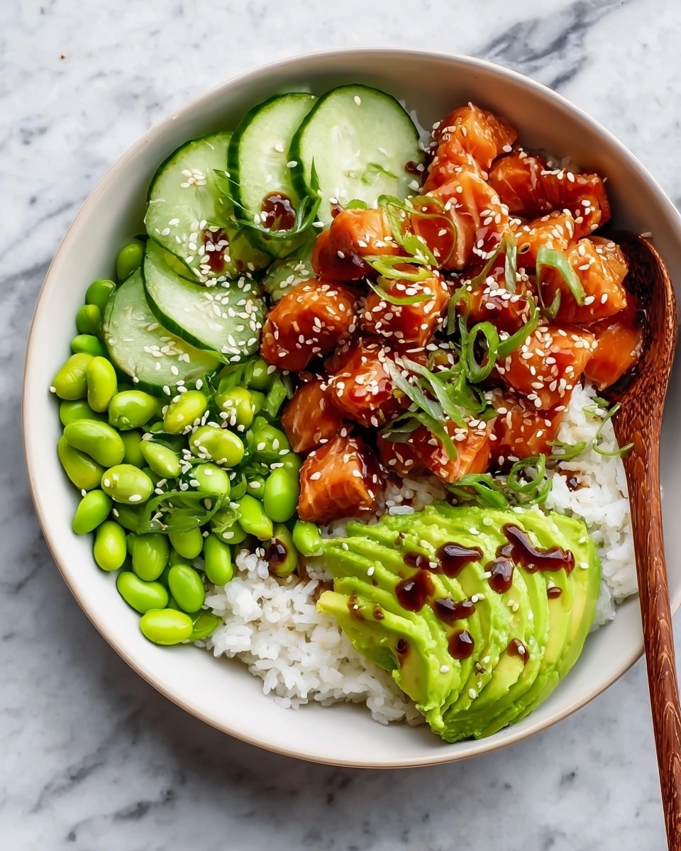 A white bowl holds a colorful poke bowl with four main layers. The bottom layer is white rice covering the entire base. On top of the rice, there are small orange-brown salmon chunks glazed with a shiny dark sauce, scattered with white sesame seeds and green sliced scallions. To the left, a layer of green cucumber slices adds a fresh, crisp texture. Next to the cucumber, bright green edamame beans sit on the rice. On the right side, there are fresh pale green avocado slices with drops of the dark sauce on top. A wooden spoon rests inside the bowl on the right edge. The bowl is placed on a white marbled surface. photo taken with an iphone --ar 4:5 --v 7