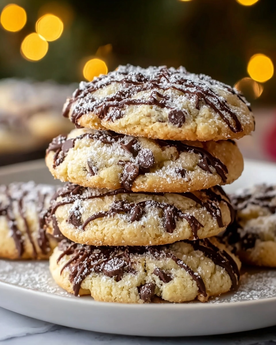 A stack of soft, thick cookies filled with chocolate chips on a white plate, each cookie showing a golden-brown edge and a light, crumbly texture. The cookies are drizzled with dark chocolate in thin lines across their rounded tops and dusted with powdered sugar that adds a white, powdery layer. The cookies rest on a surface with faint powdered sugar dust for extra detail. The background is softly blurred with warm, yellow-orange bokeh lights, all set on a white marbled texture. photo taken with an iphone --ar 4:5 --v 7