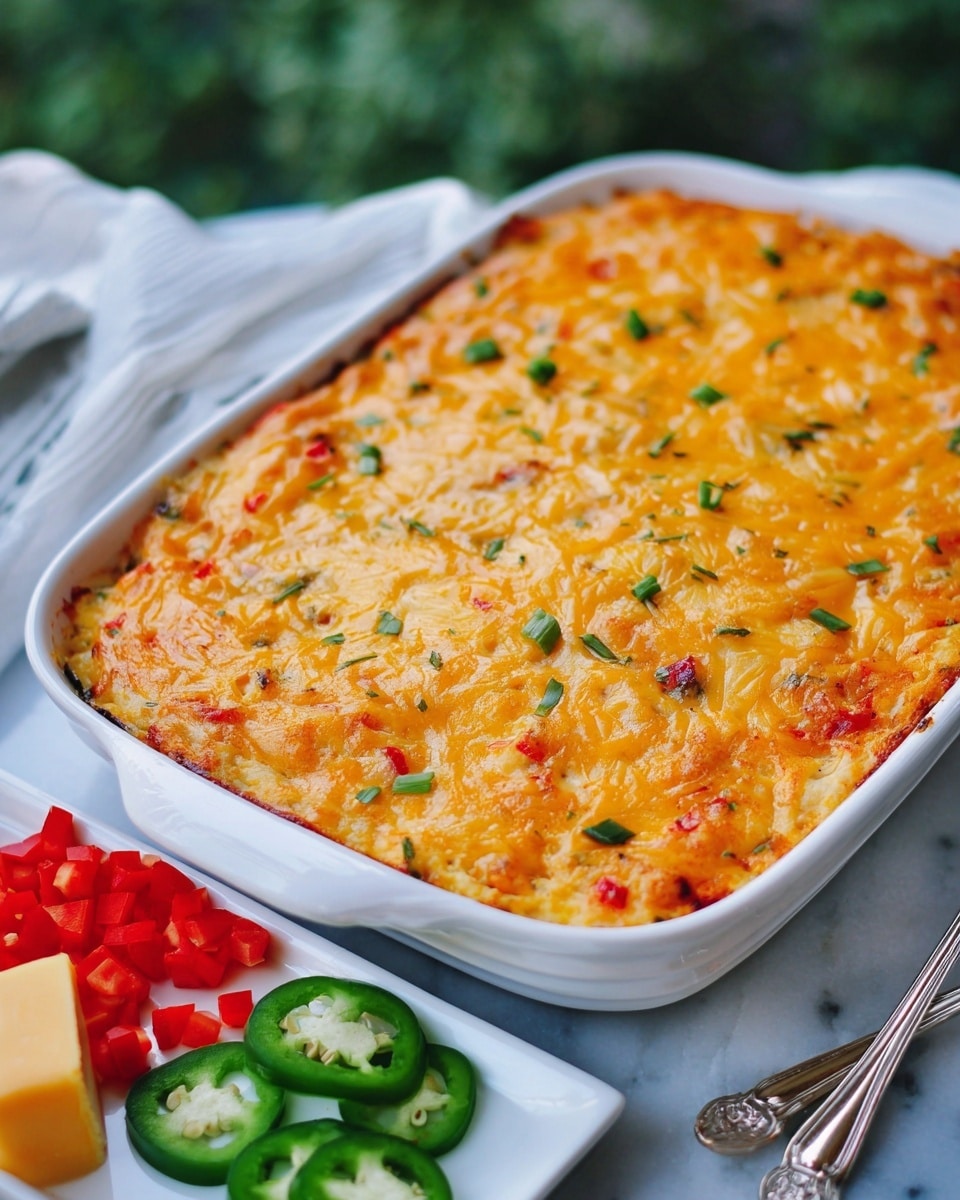 A rectangular white ceramic dish filled with a baked casserole that has a golden-orange cheesy top layer sprinkled evenly with small green herb pieces and bits of red pepper. The cheese surface is slightly browned, giving it a textured look with melted cheese strands spread across. Next to the dish, on a white marbled surface, is a white rectangular plate holding sliced green jalapeños, small diced red peppers, and a cube of yellow cheese. The scene includes a silver fork nearby, and the background is softly blurred green, making the casserole the focus. Photo taken with an iphone --ar 4:5 --v 7