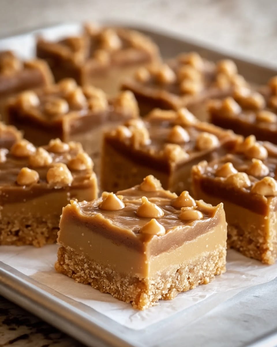 A close-up view of square fudge bars arranged in rows on white parchment paper covering a metal baking tray. Each bar shows three distinct layers: a crumbly golden-brown base, a thick middle layer of smooth light brown fudge, and a shiny light caramel-colored topping studded with small caramel chip pieces spread evenly across the surface. The texture of the base looks crunchy, the fudge middle smooth and dense, and the top glossy and soft. The background features a white marbled texture slightly out of focus, highlighting the warm tones of the bars. Photo taken with an iphone --ar 4:5 --v 7