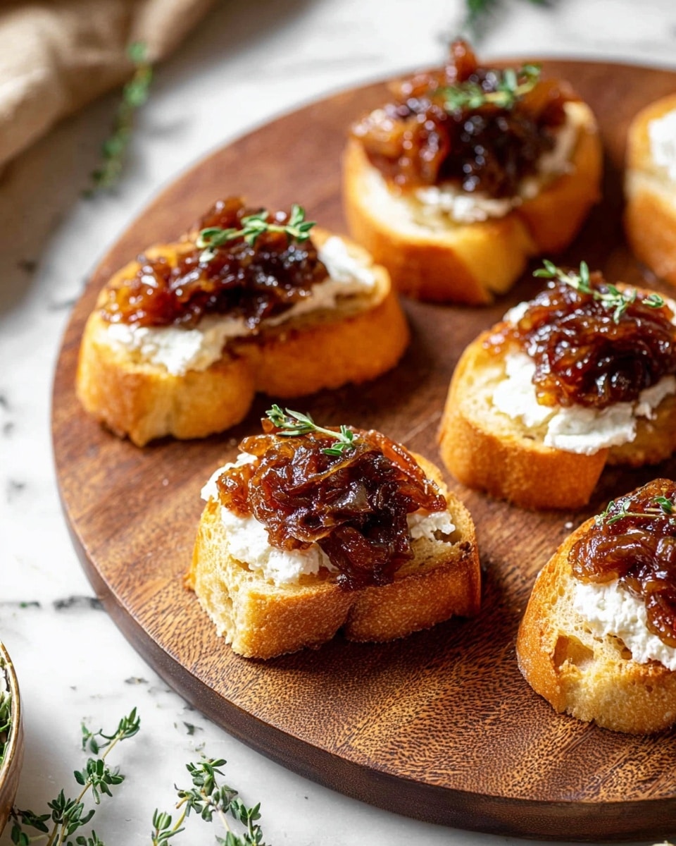 The image shows four toast slices arranged on a round wooden serving tray, each slice topped with a layer of white creamy cheese and a generous scoop of glossy, dark brown caramelized onion jam with visible soft onion pieces. Small sprigs of green thyme rest on top of the jam for garnish. The toasted bread is golden brown and crisp, and the tray sits on a white marbled surface with some green thyme scattered around. Photo taken with an iphone --ar 4:5 --v 7