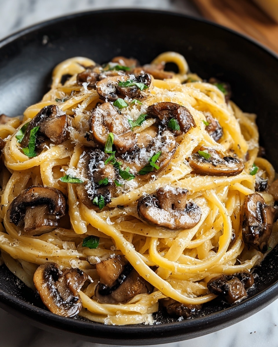 A close-up of a black bowl filled with thick, golden creamy pasta noodles layered with sautéed brown mushroom slices scattered throughout and on top, garnished with small green herb pieces and a light dusting of grated white cheese. The pasta has a shiny, smooth texture, and the mushrooms add a soft, slightly glossy contrast. The bowl is placed on a white marbled surface, with light reflecting softly on the dish. photo taken with an iphone --ar 4:5 --v 7