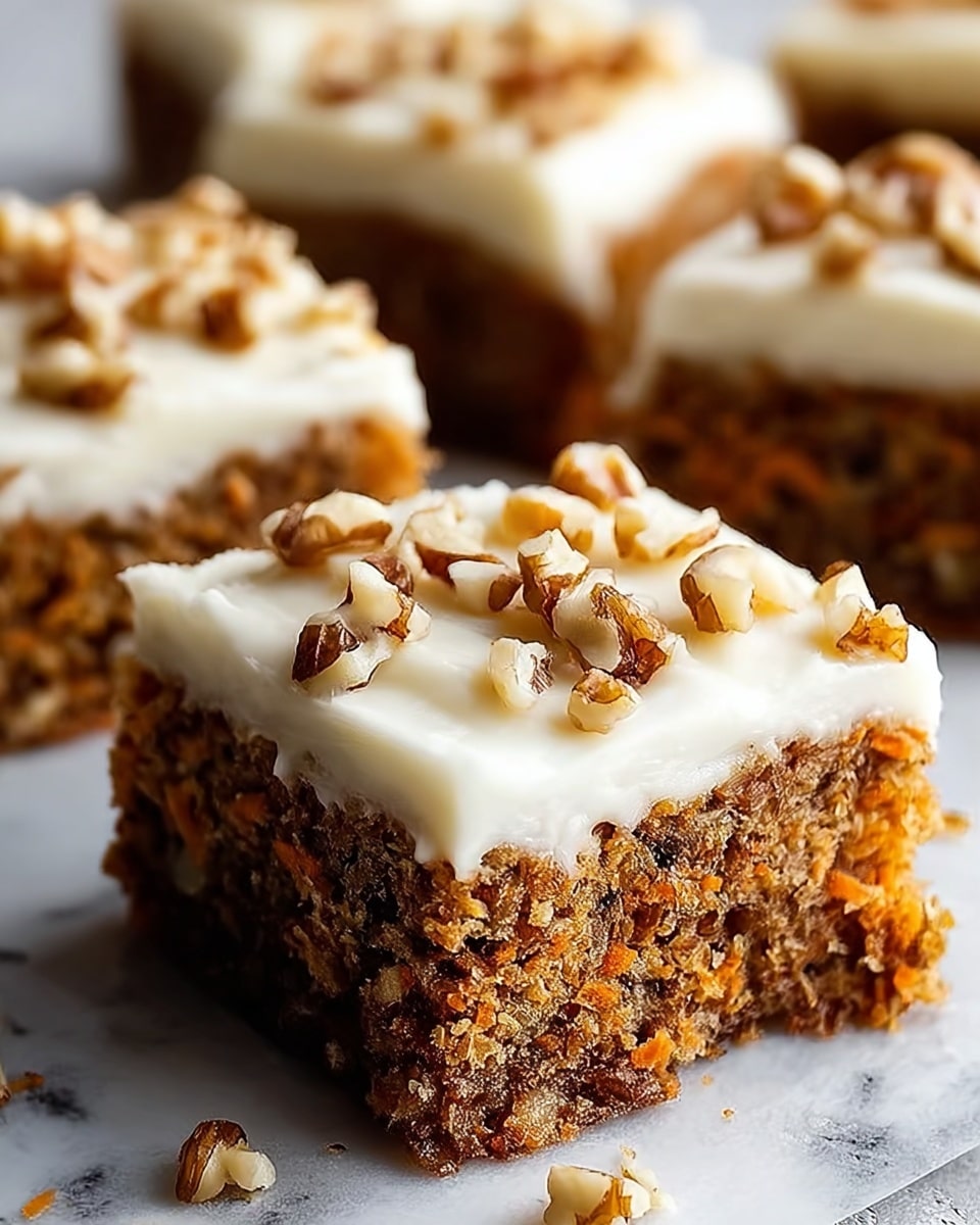 A close-up of a single square piece of moist carrot cake with a rough, crumbly brown base layer textured with visible bits of carrot and walnut pieces. On top is a thick, smooth, creamy white frosting layer spread evenly, with small chunks of chopped walnuts sprinkled across the frosting. In the background, more pieces of the same carrot cake are slightly out of focus on a white marbled surface. photo taken with an iphone --ar 4:5 --v 7