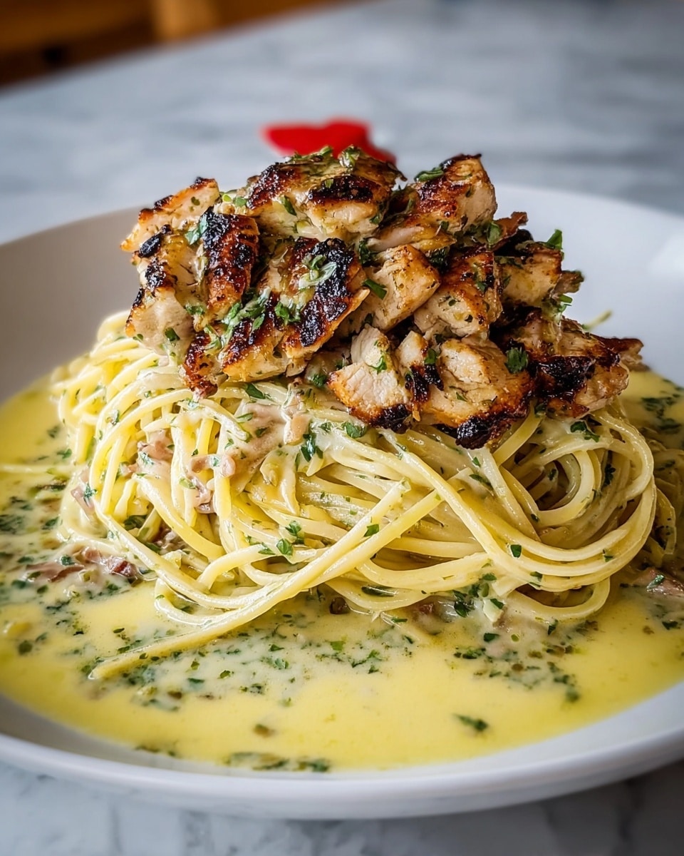 A white plate holds a layered dish starting with a base of creamy yellow spaghetti mixed with herbs and small bits of green, surrounded by a light yellow sauce that pools around the pasta. On top, there is a high pile of grilled chicken pieces that are golden brown with charred edges, adding texture and color contrast. The chicken has flecks of green herbs sprinkled over it and a soft, slightly glossy look from the sauce. In the background, a single red element adds a pop of color among the pasta strands. The plate rests on a white marbled surface. photo taken with an iphone --ar 4:5 --v 7