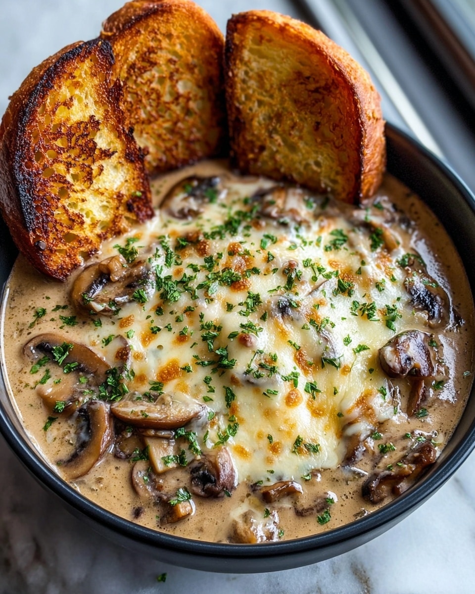 A black bowl sits on a white marbled surface, filled with creamy mushroom soup. The soup has a light brown, creamy base with visible sliced mushrooms scattered throughout. On top, there is a thick layer of melted cheese, browned and bubbly with some tiny green chopped herbs sprinkled across it. Three golden toasted bread slices lean against the side of the bowl, showing a crunchy, slightly charred texture. The overall look is warm and inviting with a rich, creamy texture and fresh green herb accents. Photo taken with an iphone --ar 4:5 --v 7