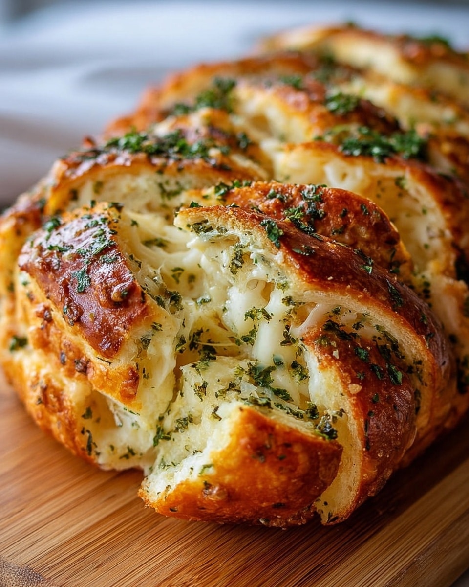 The image shows a loaf of swirled garlic herb and cheese bread, sliced to reveal its soft, fluffy inner layers. The bread has a golden brown, crispy crust with a texture dotted by herbs and bits of garlic on top. Inside, multiple thick layers of melted white cheese are swirled through the bread, mixed with finely chopped green herbs that add color contrast. The bread looks moist and gooey where the cheese melts, with the herb mixture spread evenly through the spiral layers. The loaf sits on a white plate over a white marbled surface. Photo taken with an iphone --ar 4:5 --v 7