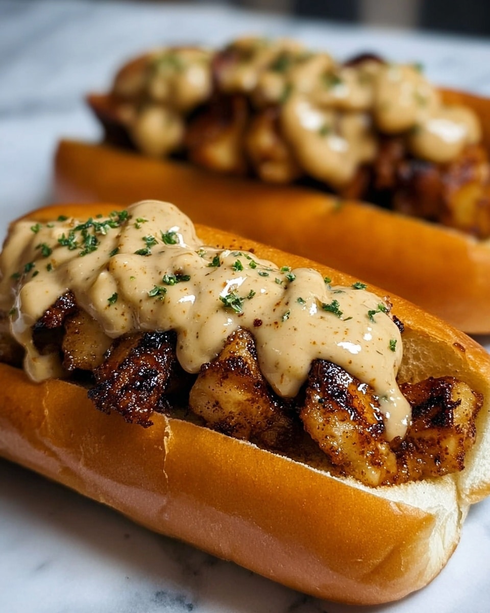 Two sandwiches on a white marbled surface, each sandwich made with a soft golden-brown bun split open to hold a thick layer of grilled, dark brown, slightly charred pieces of chicken inside. On top of the chicken, a creamy beige sauce with visible flecks of seasoning is generously drizzled, covering the meat and slightly dripping over the edges of the buns. Small green herb sprinkles are scattered on the sauce, adding color contrast. The buns have a shiny, smooth texture and the chicken pieces look crispy on the outside. photo taken with an iphone --ar 4:5 --v 7