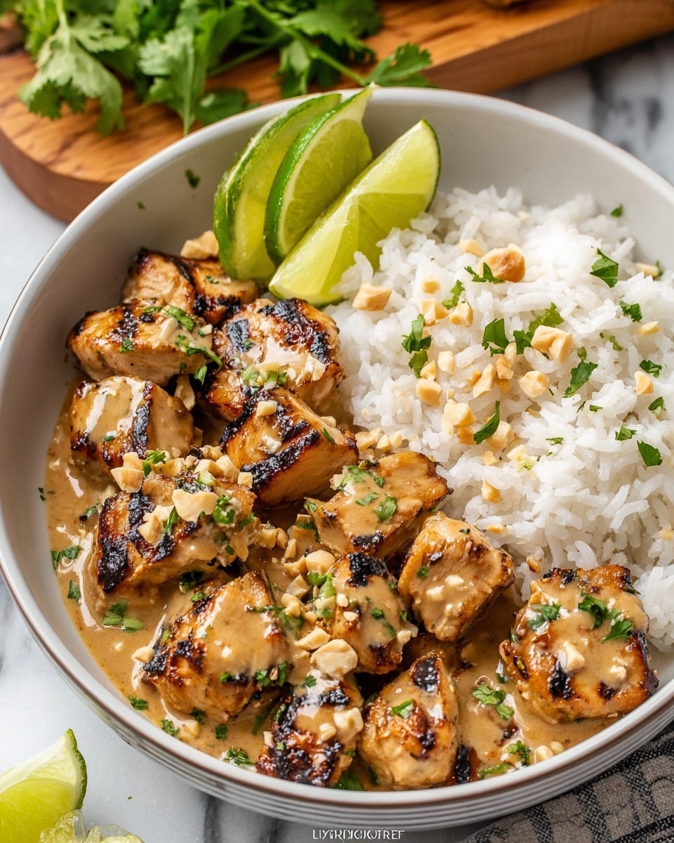 The dish shows a bowl filled with two main parts: plain white rice on the upper right side and grilled chunks of chicken on the lower left. The chicken pieces have a golden-brown char with some darker grill marks and are covered with a creamy light brown sauce. Fresh green herbs, possibly cilantro, and crushed peanuts are sprinkled on top of the chicken for color and texture. Two lime slices rest on the left side next to the chicken, adding a bright green contrast. The bowl is white with a faint gray rim, sitting on a white marbled surface with a wooden board and some fresh green herbs blurred in the background. Photo taken with an iphone --ar 4:5 --v 7