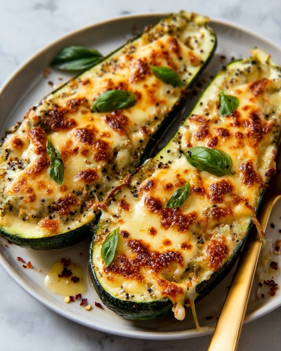 Two halves of zucchini are placed on a white plate over a white marbled surface, each topped with a thick layer of melted golden-brown cheese that has a bubbly and slightly crispy texture. The cheese covers the hollowed-out center of the zucchini, with some areas showing a rich caramelized crust. There are fresh green basil leaves delicately placed on top of the cheese, and the dish is finished with a light sprinkle of black pepper and red chili flakes. A golden knife is placed on the right side of the plate, partially visible. Photo taken with an iphone --ar 4:5 --v 7