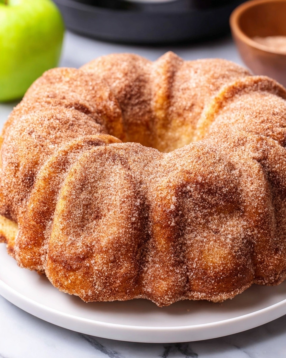 A soft, round bundt cake with one visible layer, covered in a light brown cinnamon sugar coating that gives it a slightly grainy texture, sitting on a white plate; the cake has ridges and sections typical of a bundt shape, with a hollow center. The background shows a white marbled surface with a green apple and brown bowl blurred in the back. photo taken with an iphone --ar 4:5 --v 7