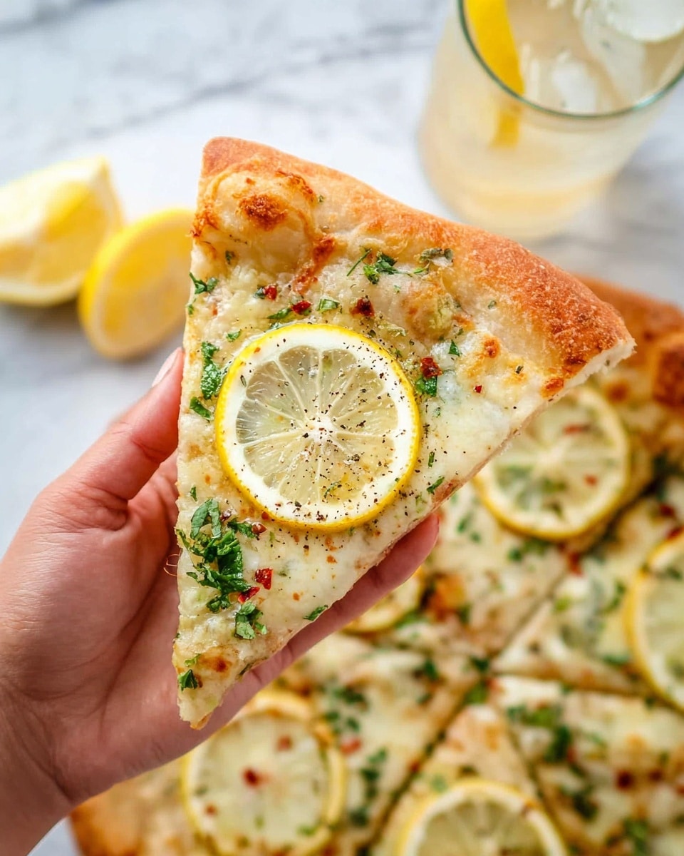 A close-up view of a slice of pizza held by a woman's hand, showing a thick, golden-brown crust with a soft, bubbly texture. The top layer is melted white cheese sprinkled with finely chopped green herbs and red pepper flakes. On the center of the slice is a thin, round lemon slice decorated with a light sprinkle of black pepper. In the background, parts of the whole pizza with similar slices topped with lemon are visible on a white marbled surface, along with a glass of iced drink and some lemon wedges. Photo taken with an iphone --ar 4:5 --v 7