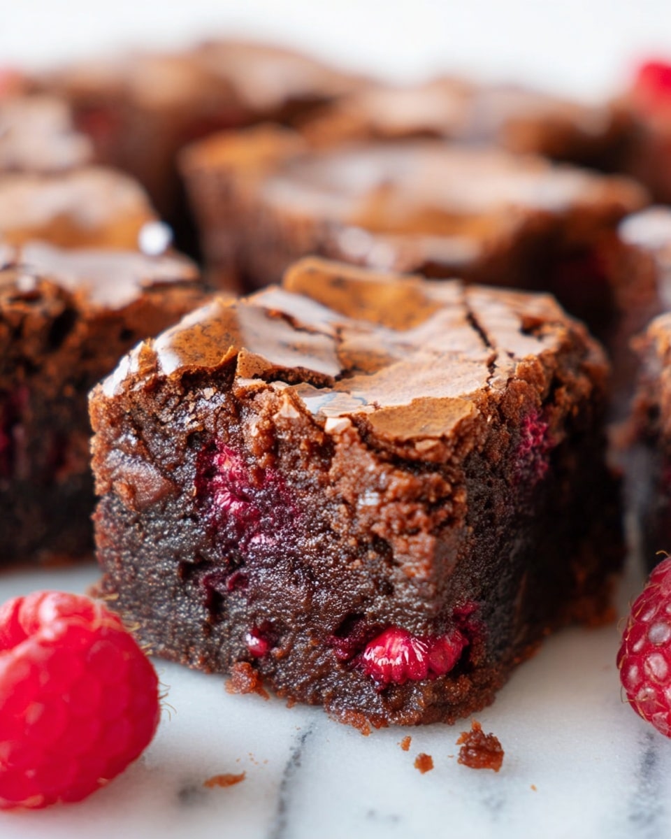 The image shows a close-up of a chocolate brownie cut into square pieces, with a crackly, slightly shiny top layer in light brown. The middle layer is dark chocolate brown, moist and dense with a rich, fudgy texture. Inside the brownie, there are visible bits of red raspberries embedded within, adding pops of bright red color. The brownies are placed directly on a white marbled surface with a few crumbs scattered around. In the foreground, a fresh raspberry with a vibrant red color is visible. The image focuses on one brownie piece in the center with others blurred in the background. photo taken with an iphone --ar 4:5 --v 7
