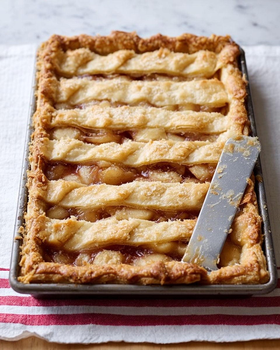 The image shows a rectangular fruit pie in a metal baking tray, placed on a white cloth with red stripes, all set on a white marbled surface. The pie has a golden-brown flaky crust forming the edges and several thick, uneven strips of dough arranged in three rows on top, with a juicy, light brown fruit filling visible beneath the layers. The crust looks crisp and slightly rough with some cracks, and there is a metal spatula placed on the right side partly under the pie crust, showing some crumbs stuck to it. Photo taken with an iphone --ar 4:5 --v 7