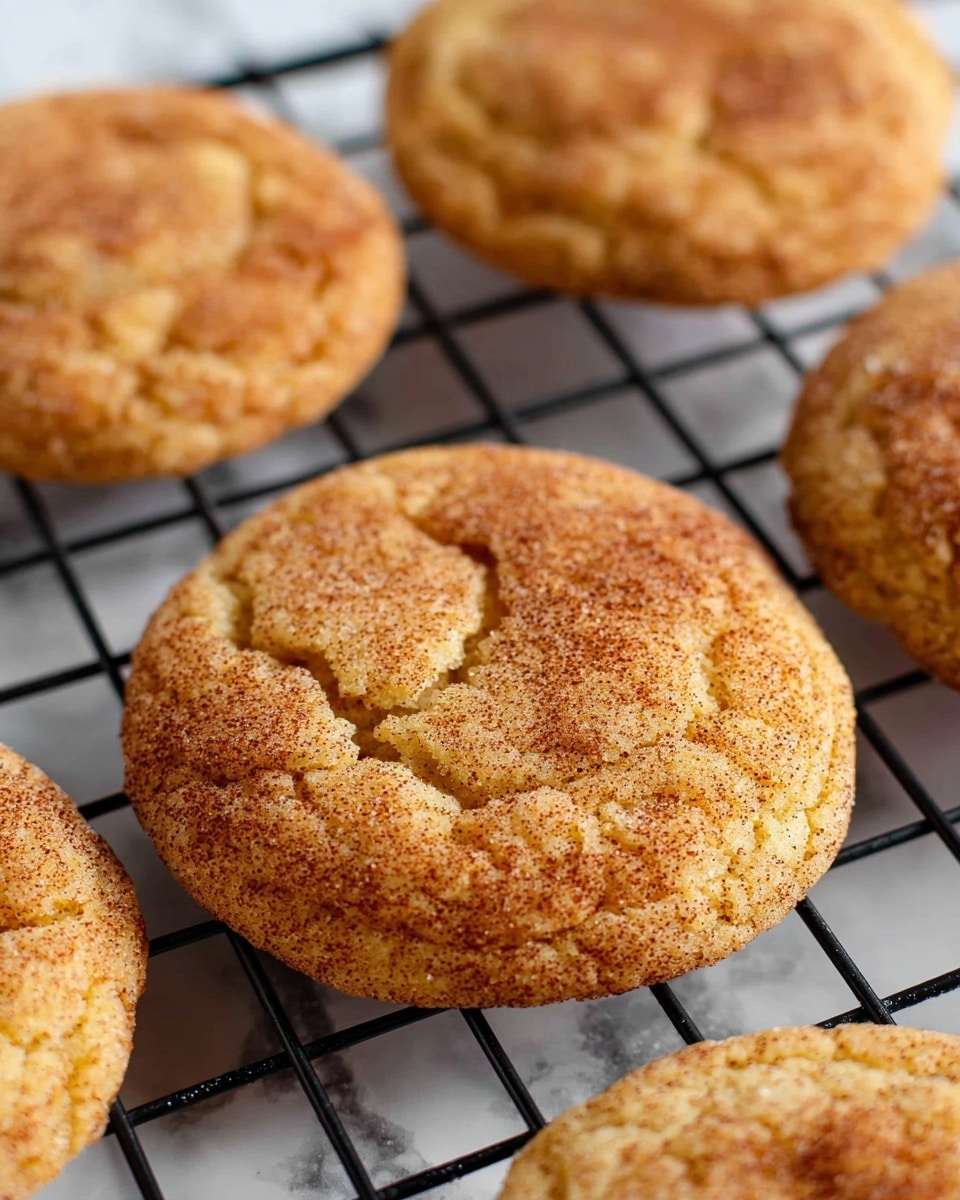 A close-up view of several round cookies resting on a black cooling rack over a white marbled surface. Each cookie is a single layer with a cracked, golden-brown textured top sprinkled evenly with cinnamon and sugar, giving a slightly rough but soft look. The cookies have a soft, chewy appearance with some small cracks showing the lighter interior. The focus is on the cookie in the center, highlighting its cracked surface and cinnamon dusting, with other cookies slightly blurred in the background. Photo taken with an iphone --ar 4:5 --v 7