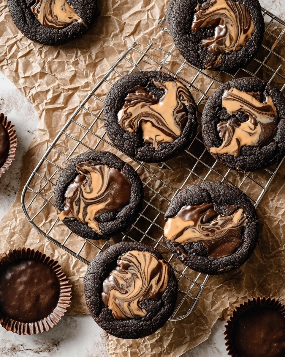 Six round dark chocolate cookies with a smooth, shiny swirl of light brown and dark brown chocolate on top are placed on a silver cooling rack over crinkled brown paper. The cookies have a slightly cracked texture around the edges, and the swirled chocolate layer looks creamy and glossy with irregular shapes. Around the rack, there are empty dark brown cupcake liners and two filled ones with the same glossy dark chocolate topping. The scene has a white marbled texture beneath the paper, adding contrast to the dark cookies. photo taken with an iphone --ar 4:5 --v 7