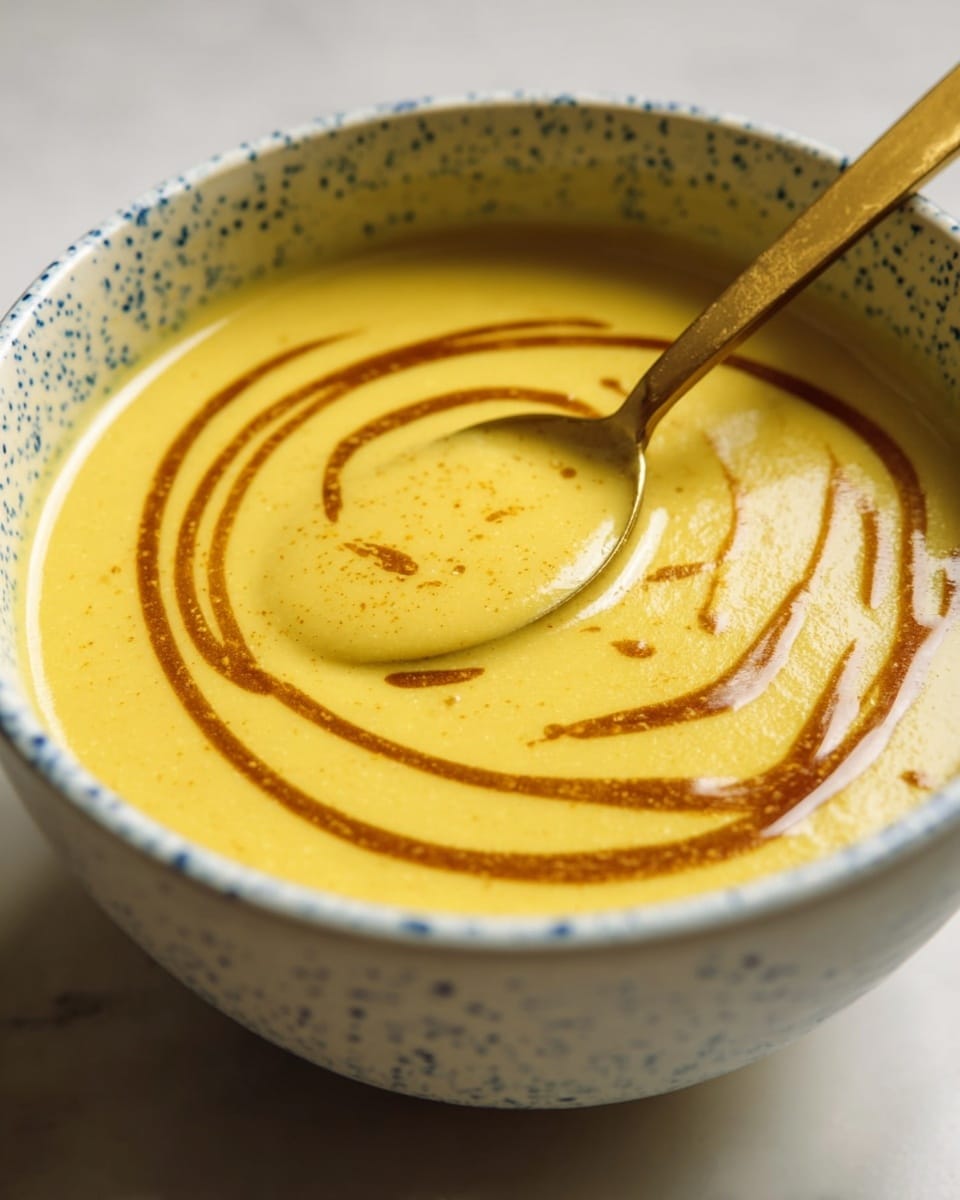 A white bowl with small blue speckles holds a smooth, creamy yellow soup with a slightly thick texture. The soup has a swirl of darker brown liquid artistically drizzled in a loose spiral pattern on top. A brass spoon is dipped into the soup, partially covered with the same yellow soup, angled towards the viewer. The bowl is set on a white marbled surface. Photo taken with an iphone --ar 4:5 --v 7