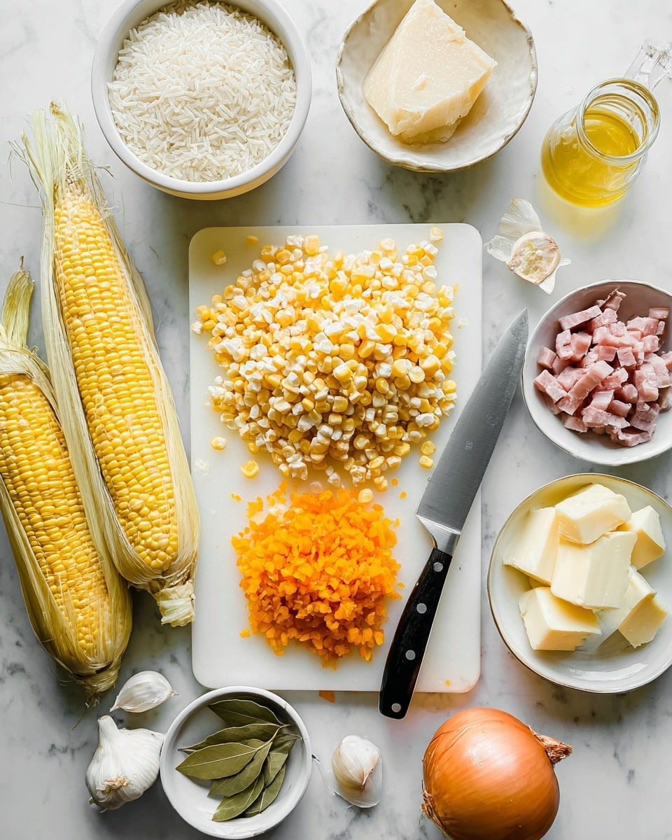 The image shows a white cutting board placed on a white marbled texture, filled with bright yellow and white corn kernels piled in the center. To the left of the kernels is a whole ear of corn, and to the right is a large knife with a black handle resting on the board. Below the corn kernels is a mound of finely chopped orange bell pepper and a whole yellow onion with dry skin near the bottom right corner. Surrounding the cutting board are several bowls and containers: a bowl filled with white grains (likely rice), another bowl containing small pinkish chunks of meat, a white bowl of grated cheese, and a small white dish holding two bay leaves. In addition, there are chunks of butter wrapped in paper, peeled garlic cloves, a small glass with light yellow liquid, and a jug with orange liquid. The overall setup is brightly lit and neatly arranged, capturing the fresh ingredients for cooking. photo taken with an iphone --ar 4:5 --v 7