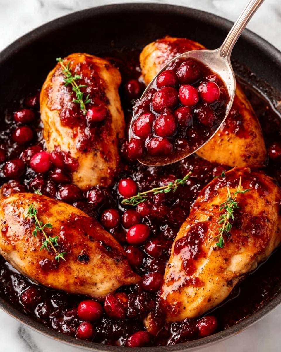 The image shows four golden-brown cooked chicken breasts in a black skillet, covered with a shiny red cranberry sauce that has whole cranberries and small green thyme sprigs on top. The chicken breasts are thick and juicy with a slightly crispy texture on the edges. The sauce looks glossy and rich, pooling around the chicken and filling the pan with deep red tones mixed with hints of dark brown from the cooked juices. A woman's hand is holding a silver spoon, scooping some sauce from the side of the pan. The skillet is placed on a white marbled surface. photo taken with an iphone --ar 4:5 --v 7