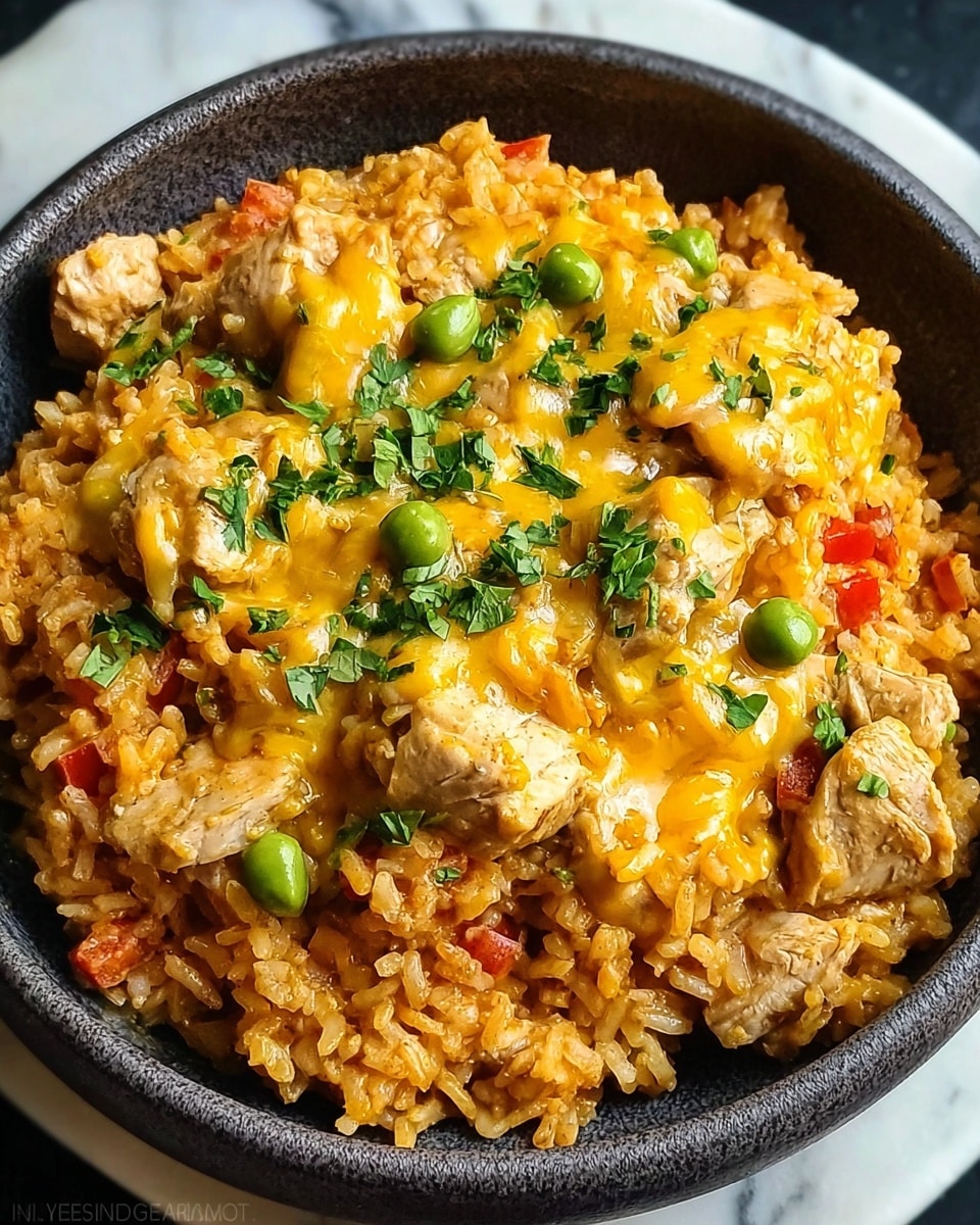 A close-up of a dark bowl filled with orange-colored rice mixed with small red pieces, topped with chunks of light brown chicken covered in melted yellow cheese and small green dollops, garnished with chopped fresh green herbs scattered on top, all set on a white marbled surface. photo taken with an iphone --ar 4:5 --v 7