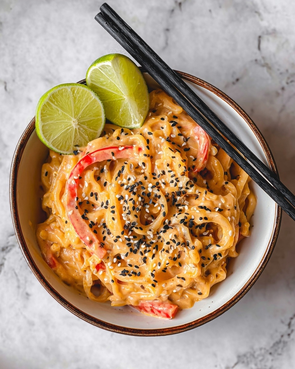 A bowl filled with creamy noodles coated in an orange sauce, mixed with thin slices of red bell pepper, topped with black and white sesame seeds spread evenly across the dish, and two green lime wedges placed on top near the edge of the bowl. Two black chopsticks rest on the bowl’s side at an angle. The bowl is white with a brown rim and sits on a white marbled surface. photo taken with an iphone --ar 4:5 --v 7