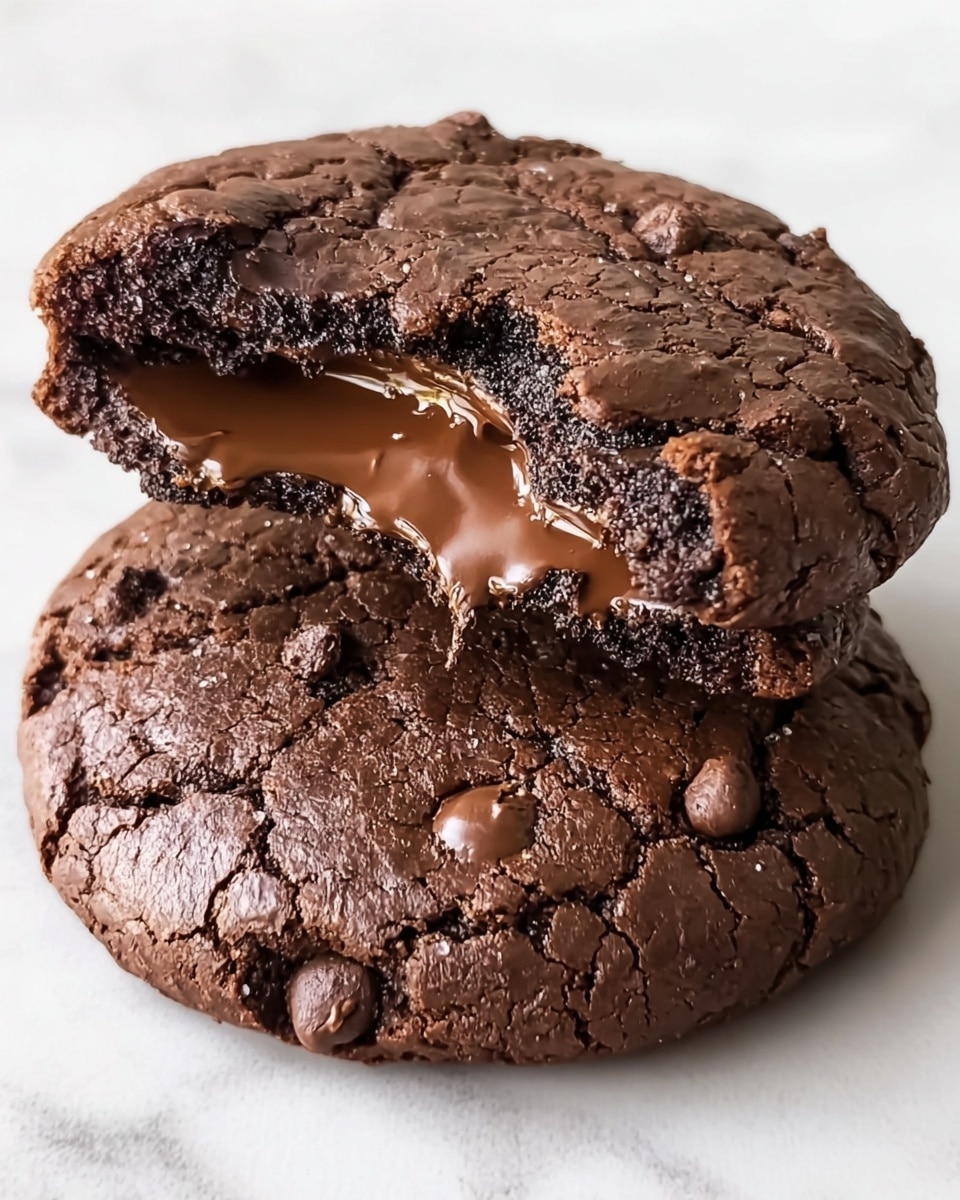 The image shows two large, round chocolate cookies stacked on top of each other on a white marbled surface. The top cookie is broken to reveal a gooey, melted dark chocolate center that looks smooth and shiny. Both cookies have a cracked surface texture with visible small chocolate chips embedded and scattered across. The cookies have a rich dark brown color with a slightly rough, crumbly texture around the edges. photo taken with an iphone --ar 4:5 --v 7