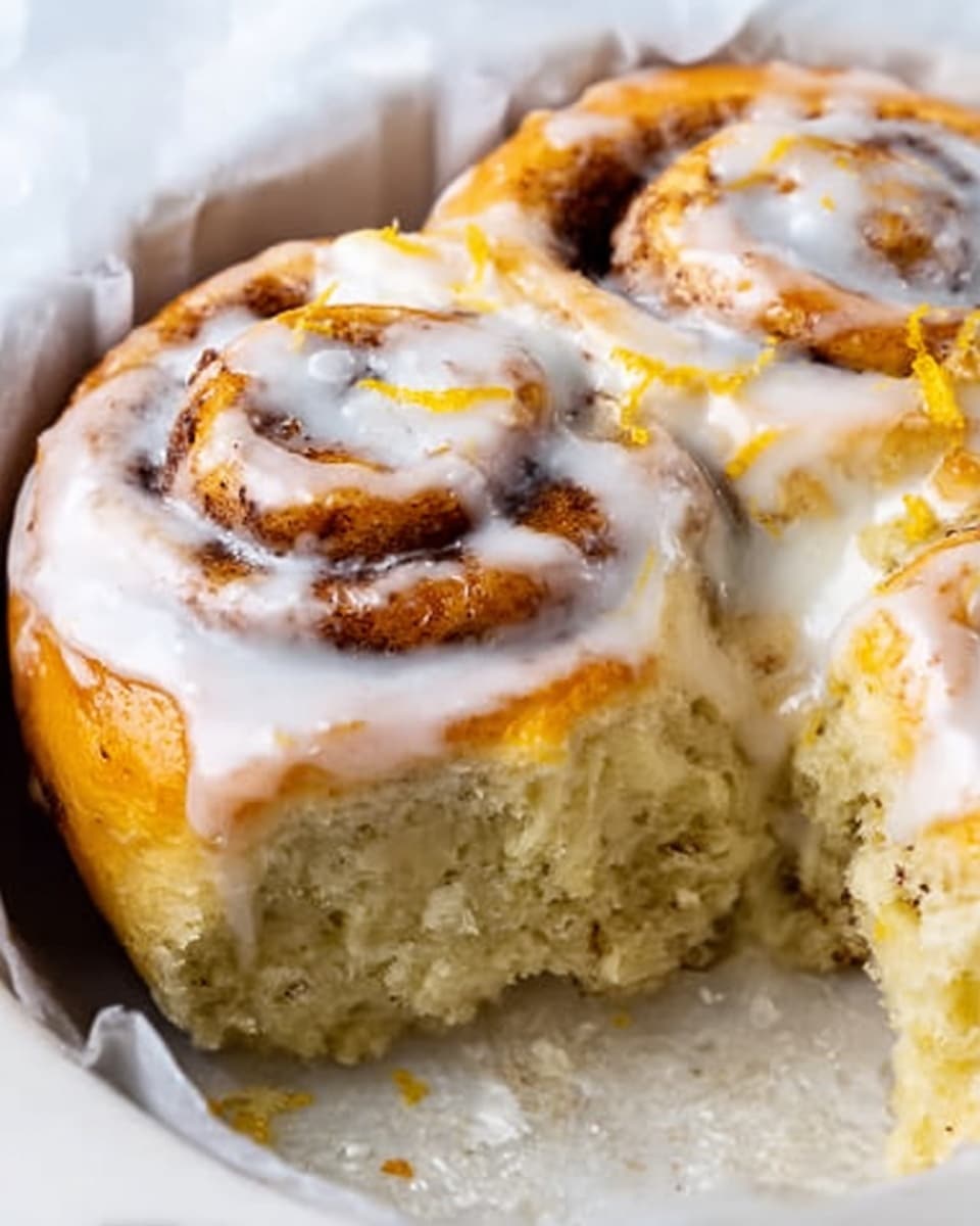A close-up view of a cinnamon roll on white parchment paper inside a round white baking dish. The roll has three visible thick layers: a soft golden-brown dough with some specks of cinnamon, a darker orange cinnamon filling swirl inside, and a thick glaze of white icing covering the top and dripping down the sides. The icing is shiny and smooth and contrasts with the fluffy, lightly textured dough. The background is a white marbled texture. Photo taken with an iphone --ar 4:5 --v 7
