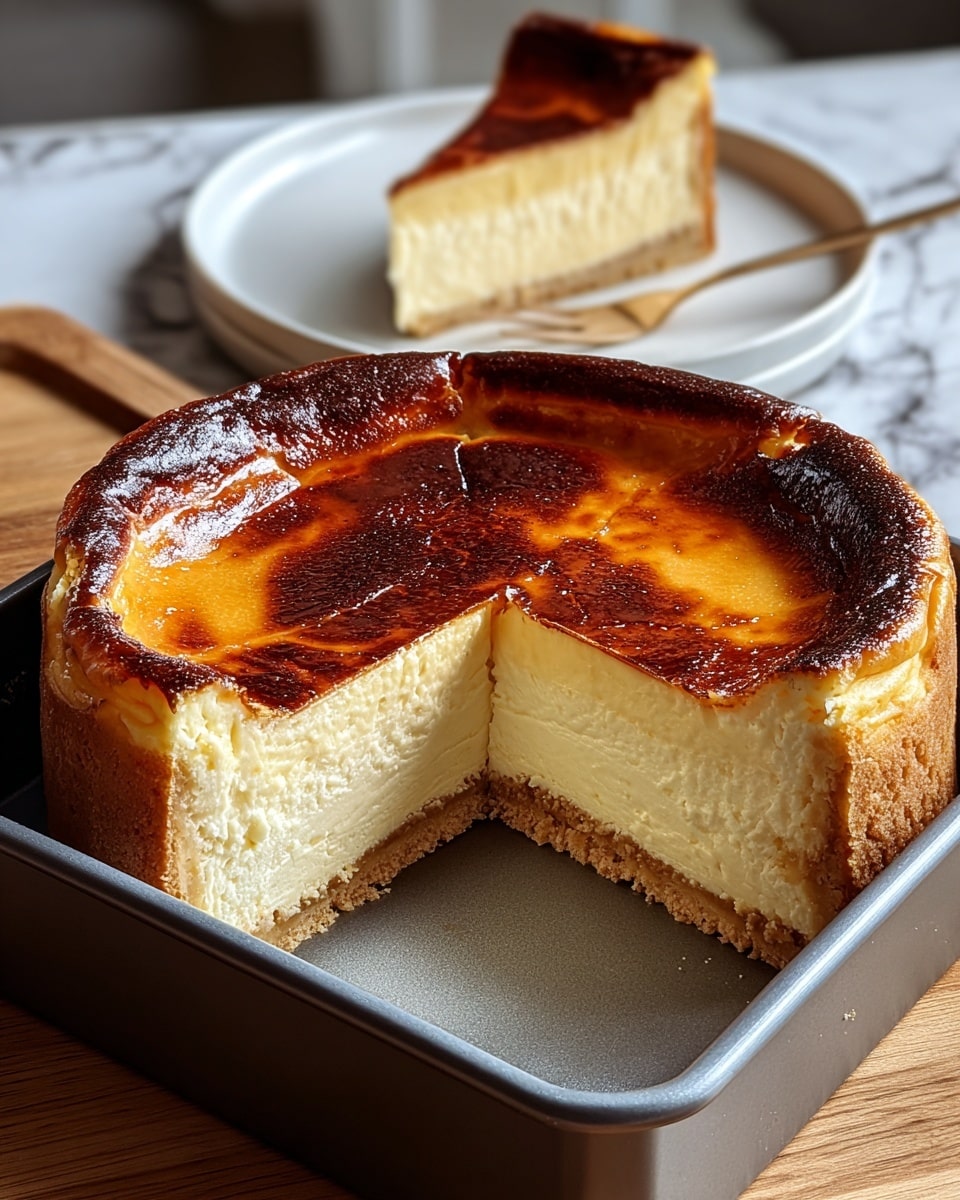 This image shows a square cheesecake with three visible layers. The bottom layer is a thin, crumbly light brown crust. The middle layer is thick and creamy with a pale yellow color and smooth texture. The top layer is a glossy, caramelized golden brown surface with darker browned edges. A large slice is missing from the cake, revealing the inside layers clearly. The cake is inside a gray square pan set on a wooden table with a white marbled background. In the back, there is a white plate with the missing slice of cheesecake on it. Photo taken with an iphone --ar 4:5 --v 7