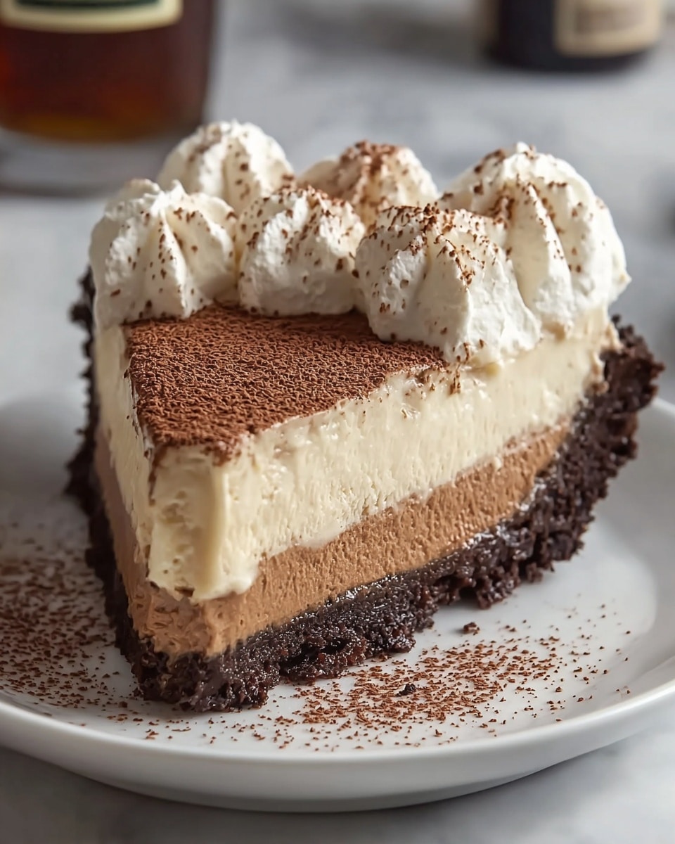 A slice of pie with three layers sits on a white plate with a white marbled texture underneath. The bottom crust is dark brown and crumbly, thick and firm. Above that is a thick, smooth middle layer that is light brown and creamy. The top layer is a dusting of cocoa powder covering the light brown filling. On top of the slice are seven peaks of white whipped cream, each sprinkled lightly with cocoa powder. Some cocoa powder is also scattered on the plate near the pie slice. Photo taken with an iphone --ar 4:5 --v 7