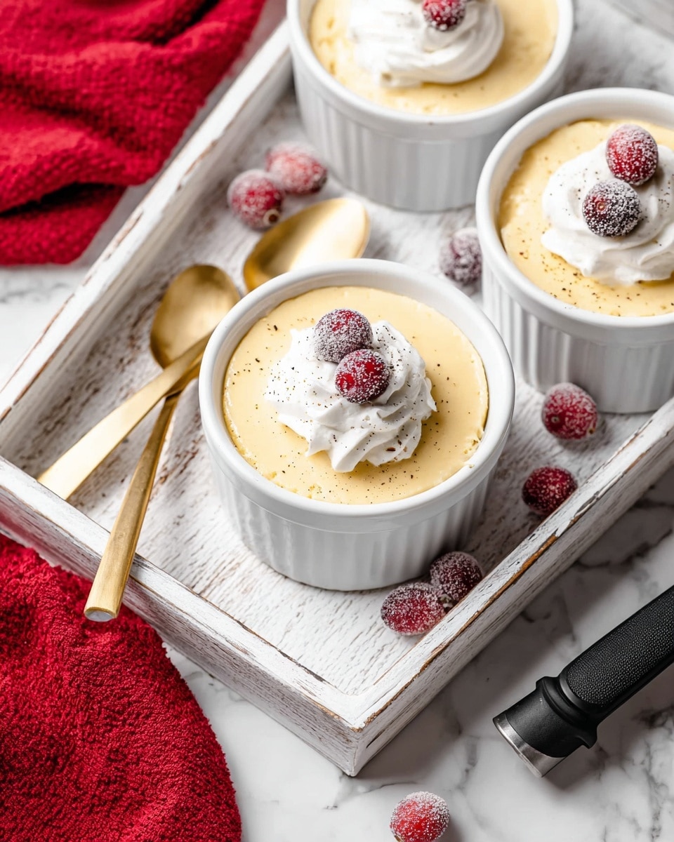 Three white ramekins filled with a smooth, creamy light yellow pudding sit in a white wooden tray with a rustic texture. Each pudding is topped with a dollop of white whipped cream and two frosted red cranberries. Small specks of dark vanilla or spice are sprinkled over the surface of the pudding and whipped cream. Around the ramekins on the tray, a few more frosted cranberries are scattered, along with two small gold spoons positioned side by side. The tray is placed on a white marbled surface next to a folded red cloth and a black kitchen tool with a gray accent. photo taken with an iphone --ar 4:5 --v 7
