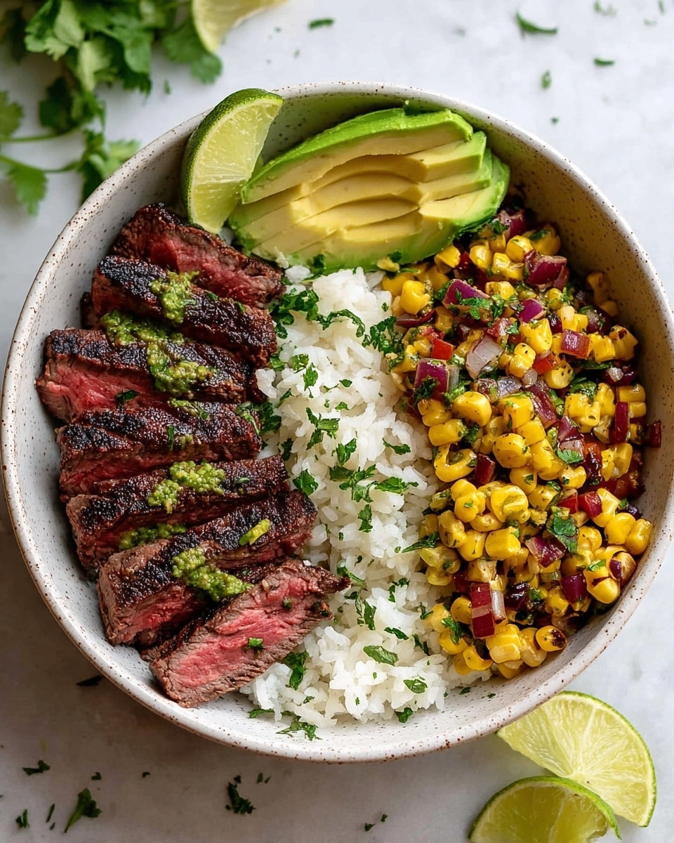 A white bowl with a speckled pattern holds a colorful layered dish starting at the bottom with a bed of fluffy white rice topped with chopped fresh green herbs. On one side, several slices of medium-rare steak are neatly arranged, showing bright pink centers and dark, charred edges with green herb sprinkles. Adjacent to the steak is a vibrant mix of charred yellow corn kernels, red onion pieces, and finely chopped green herbs, creating a textured, colorful layer. Two lime wedges and two slices of creamy green avocado are placed on the top edge of the bowl, garnished with small herb pieces. The bowl sits on a white marbled surface with some scattered herb leaves around. photo taken with an iphone --ar 4:5 --v 7