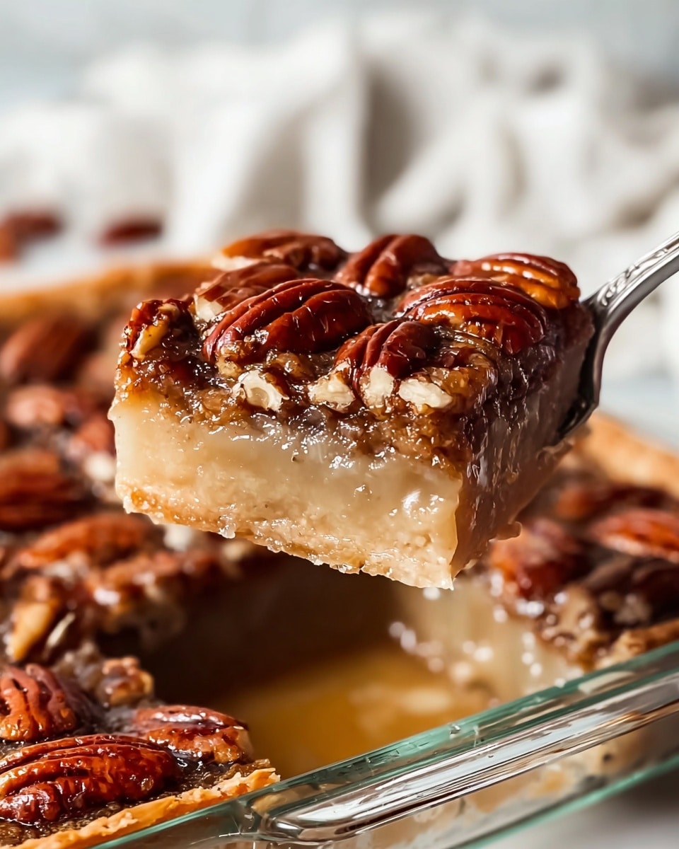 A close-up view of a square slice of pecan pie being lifted by a silver fork from a clear glass baking dish, showing three visible layers: a golden brown flaky crust at the bottom, a smooth, creamy light beige filling in the middle, and a glossy, dark caramelized top layer studded with whole and chopped shiny pecan nuts. The pecans are rich reddish-brown with textured ridges. The pie filling has a slightly gooey, syrupy appearance pooling slightly in the baking dish beneath the slice. The background has a soft, white marbled texture with a white cloth gently blurred. Photo taken with an iphone --ar 4:5 --v 7
