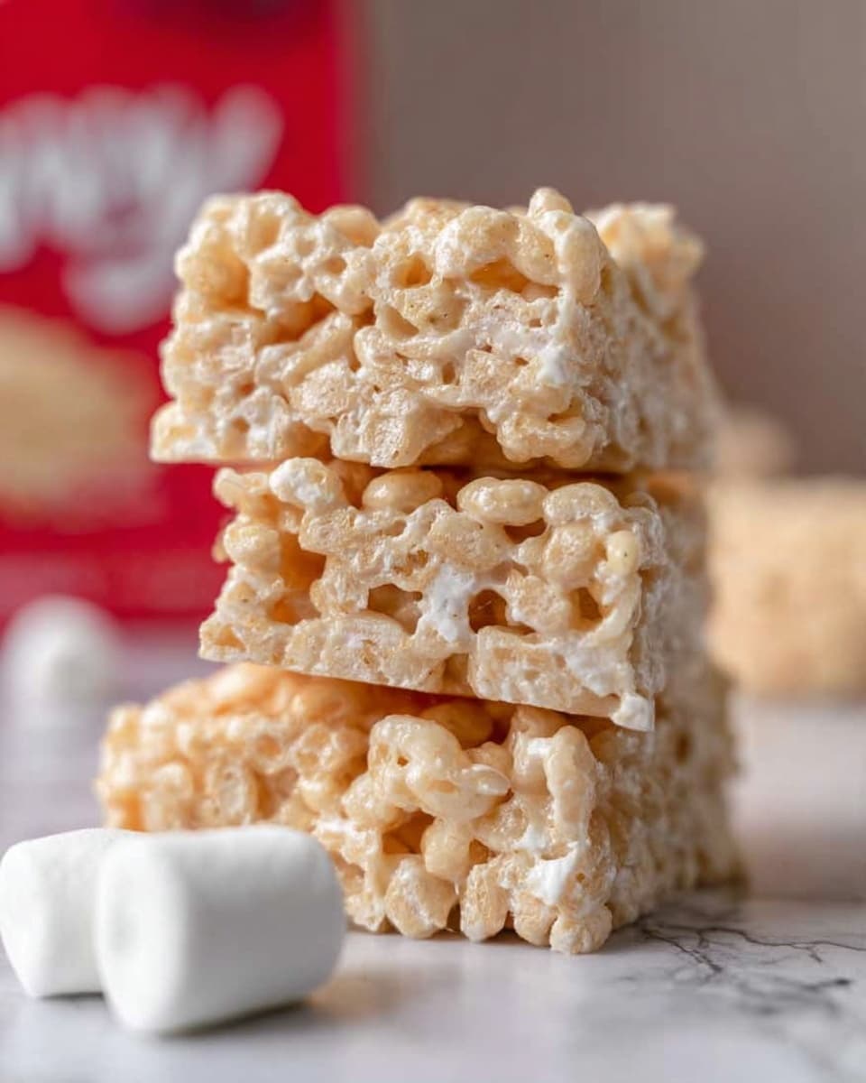 The image shows a close-up of a three-layered stack of rice cereal treats. Each layer is light beige with a glossy texture from melted marshmallows binding the puffed rice cereal together. The treats have an uneven, porous surface with small gaps and a slightly sticky appearance. Three mini white marshmallows lie scattered near the base of the stack on a white marbled surface. The blurred background includes a red box with white text, adding a warm tone to the overall scene. photo taken with an iphone --ar 4:5 --v 7