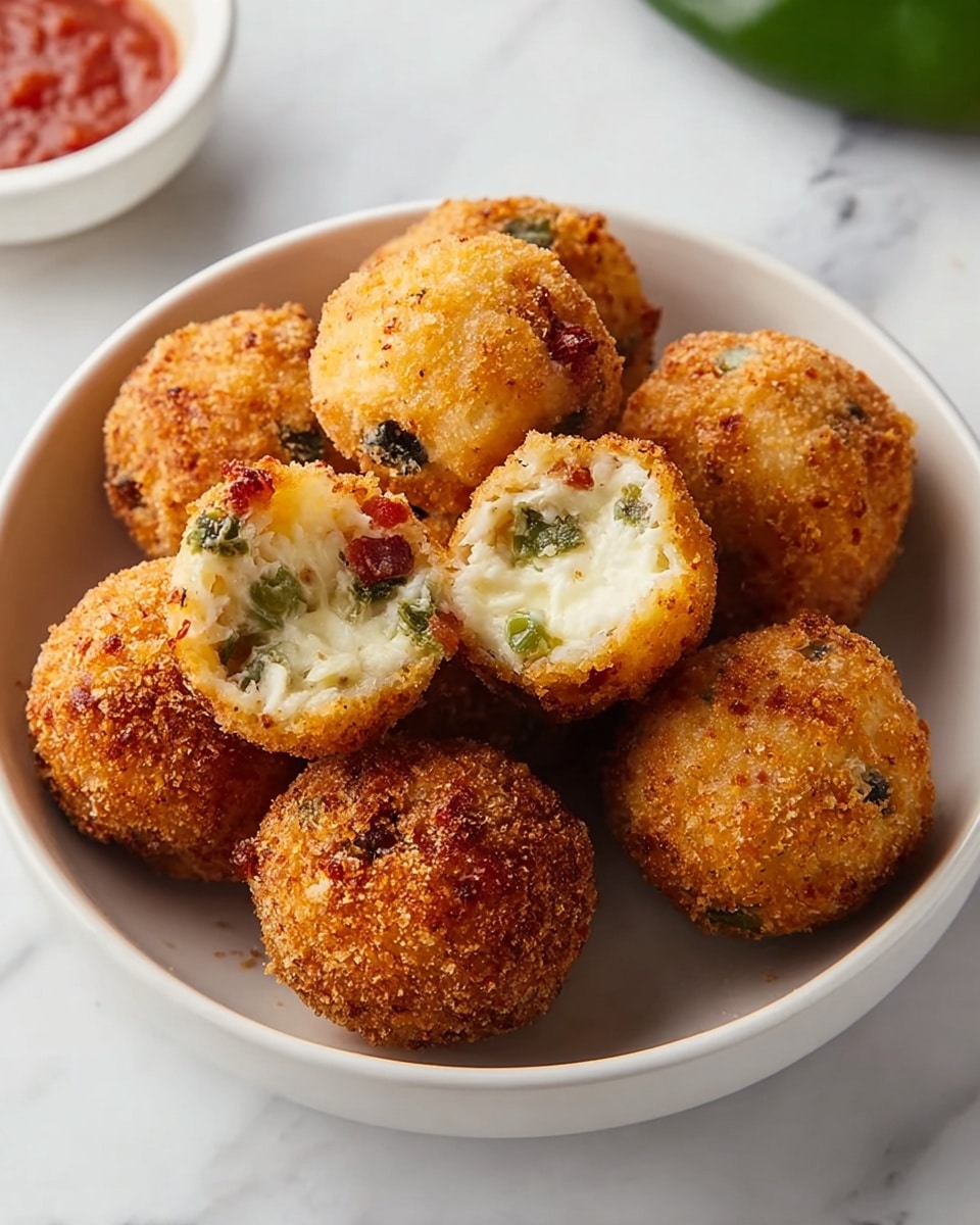 A white bowl filled with eight round, golden-brown croquettes with a crispy, textured outer layer. Two croquettes on top are cut open, showing a creamy, white inside mixed with small pieces of green herbs and red bits, giving a colorful, soft contrast to the crunchy exterior. The bowl sits on a white marbled surface, offering a clean and bright background. A small part of a white bowl with red sauce and a whole green pepper can be seen near the top edges. photo taken with an iphone --ar 4:5 --v 7