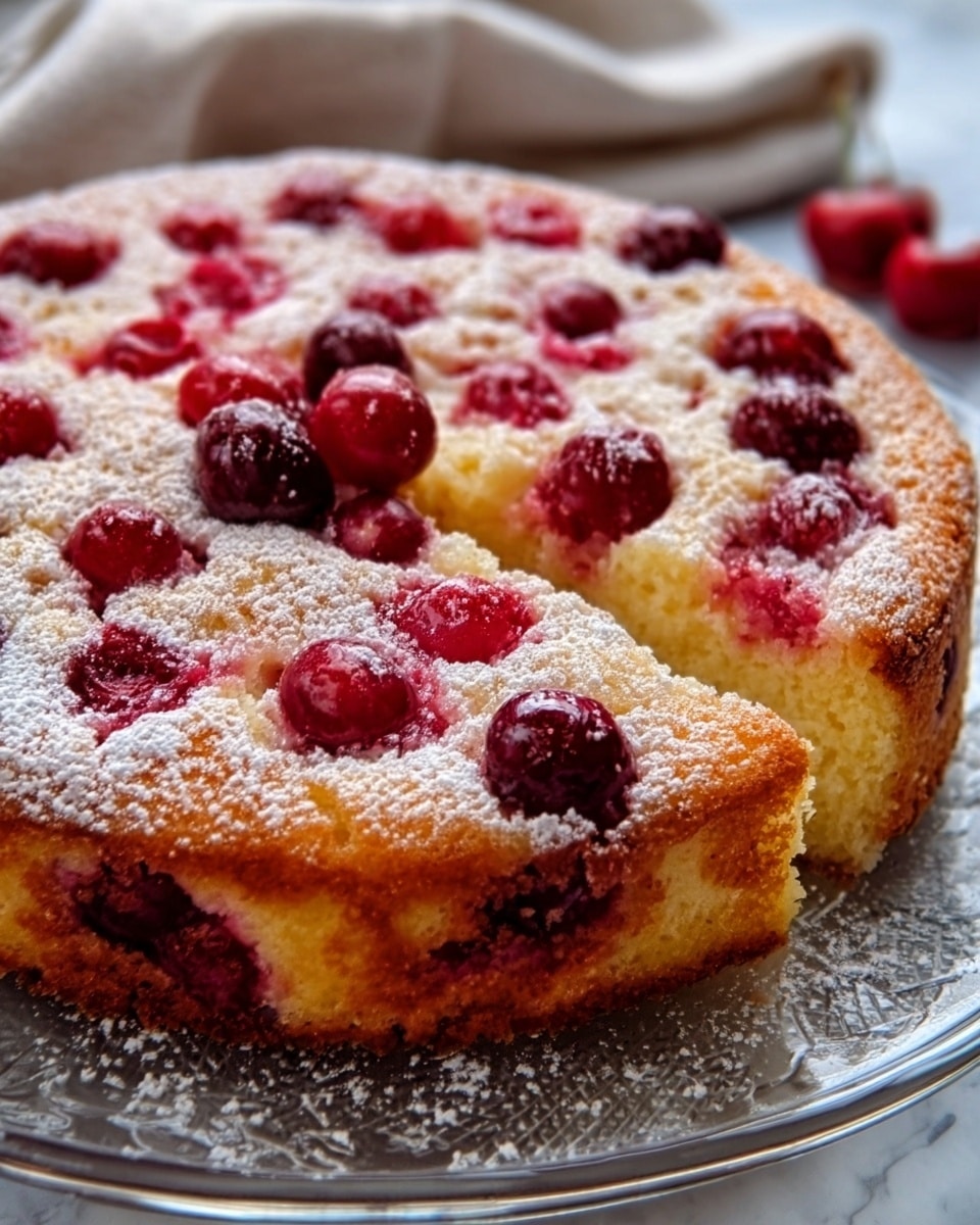 A round cake with one thick golden-brown layer topped with scattered bright red cherries partly sunken into a soft, light yellow sponge. The surface is dusted with a fine white powder, likely sugar, that adds a delicate touch. The cake sits on a clear glass plate, set against a white marbled texture background with soft cloth nearby. photo taken with an iphone --ar 4:5 --v 7
