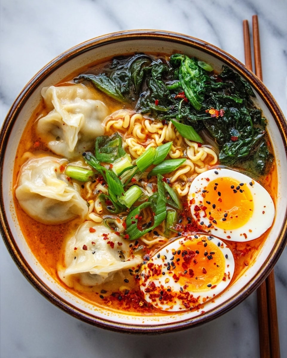 A white bowl with a brown rim holds a rich noodle soup with four light beige dumplings placed on the left side, showing their smooth and soft texture. In the middle, curly light brown noodles are partially visible, topped with chopped green onions. On the top right, dark green leafy vegetables add a fresh look. Two soft-boiled egg halves with bright yellow yolks and firm white edges are placed at the bottom right, sprinkled with black sesame seeds and red chili flakes. The soup broth is orange-red with visible chili oil droplets. Wooden chopsticks rest next to the bowl on a white marbled surface. photo taken with an iphone --ar 4:5 --v 7