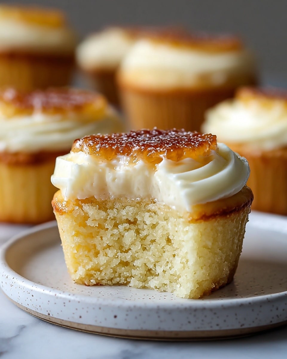 A close-up of a small cupcake with three visible layers: the bottom layer is a soft, light yellow cake with a slightly crumbly texture, the middle layer is a smooth, creamy white frosting that is thick and piped neatly around the top edge of the cake, and the top layer is a shiny, caramelized golden-brown sugar crust that looks crisp and slightly glossy. The cupcake sits on a simple white plate with small specks, placed on a white marbled surface, with other similar cupcakes softly blurred in the background. photo taken with an iphone --ar 4:5 --v 7