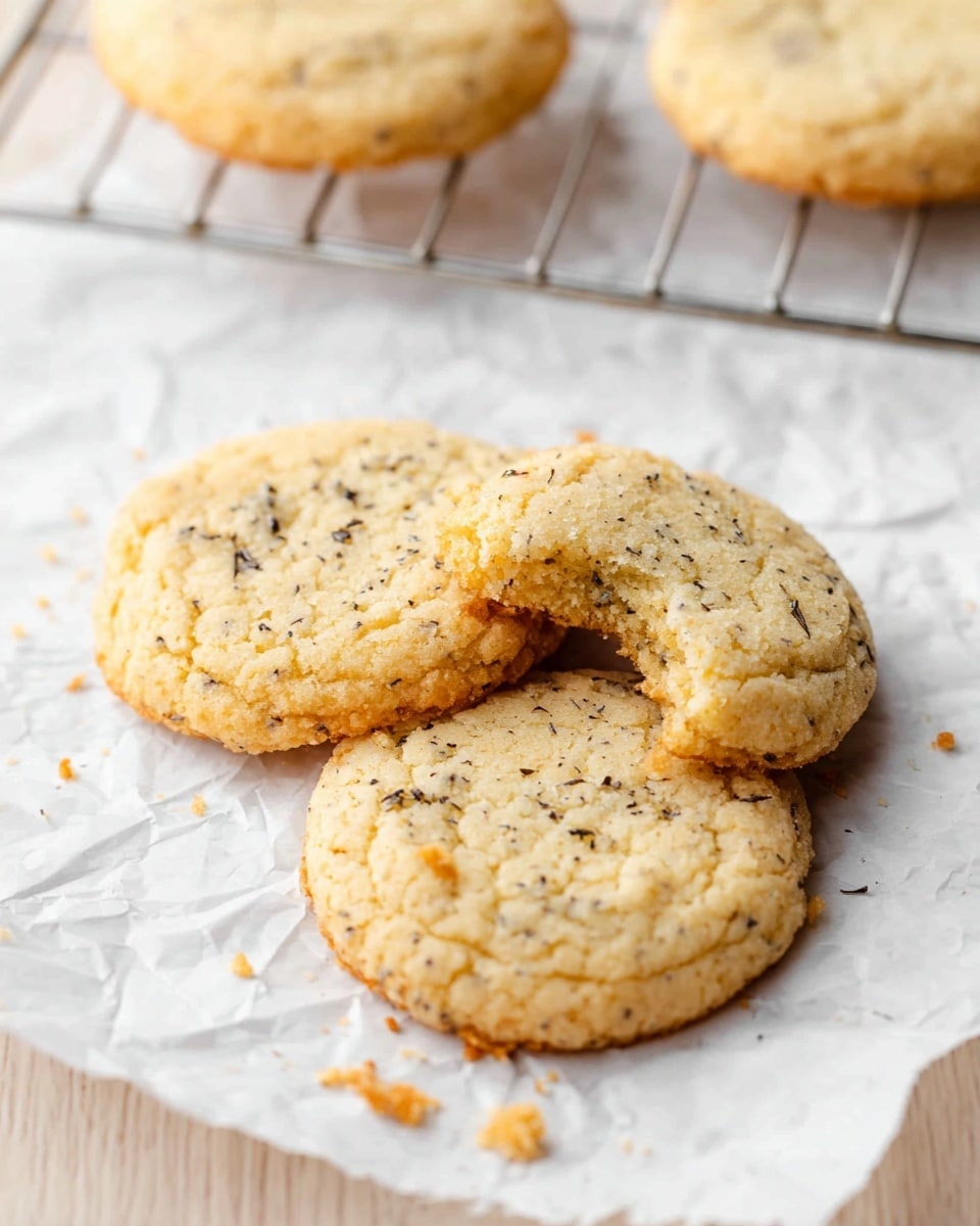 Three soft, round cookies lie on crumpled white parchment paper over a white marbled texture. Each cookie is light golden brown with small, uneven dark specks spread throughout. One cookie at the center has a bite taken out, showing its soft crumbly inside. The cookies have a slightly cracked, textured surface that looks chewy and fresh. In the background, a metal cooling rack holds another cookie, all set on the white marbled texture. Small crumbs are scattered around the cookies. photo taken with an iphone --ar 4:5 --v 7